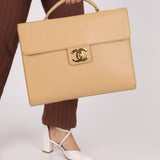 Chanel 1997 Beige Caviar XL Turnlock Briefcase 24K GP - FashioNica