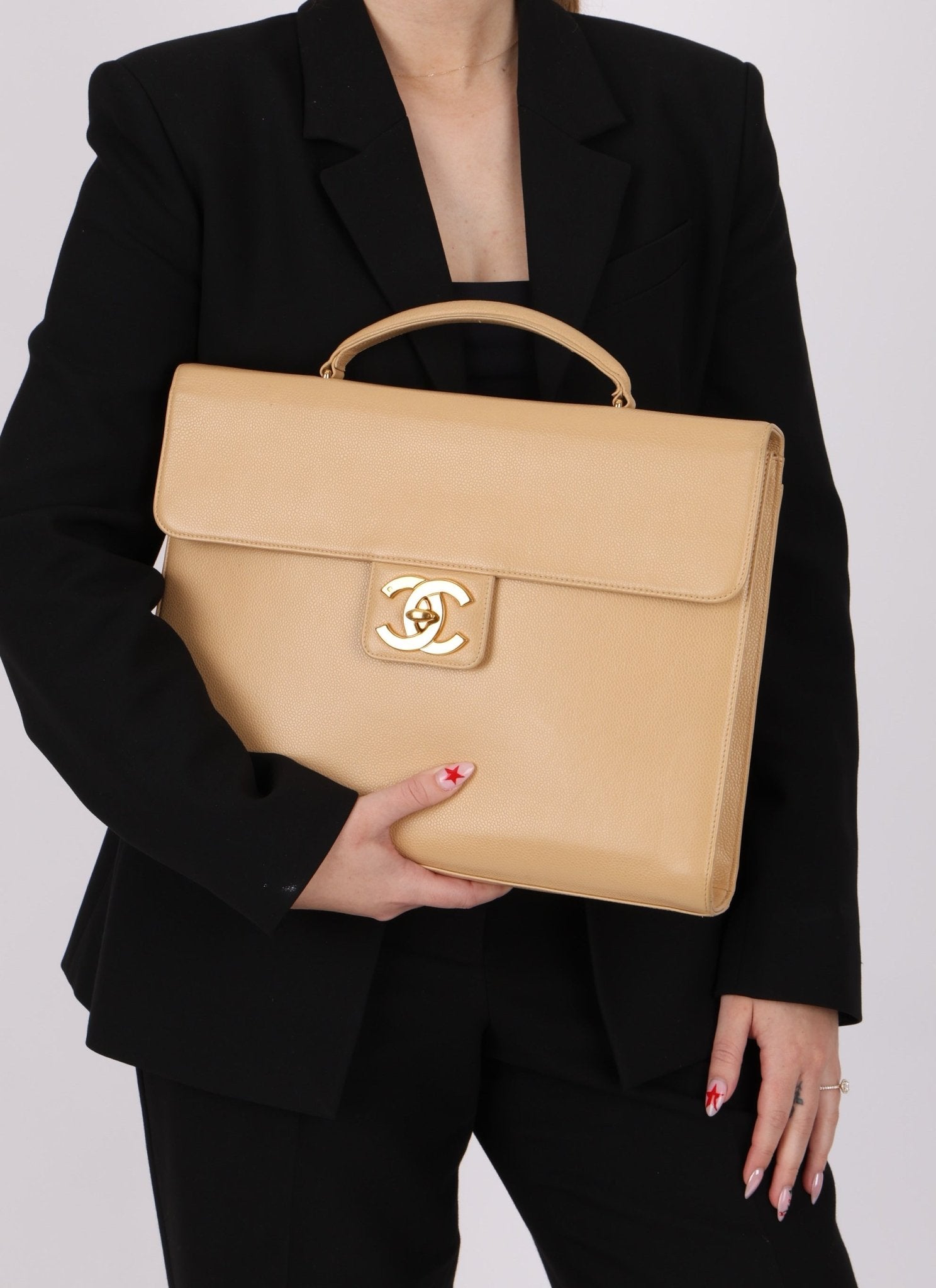 Chanel 1997 Beige Caviar XL Turnlock Briefcase - FashioNica