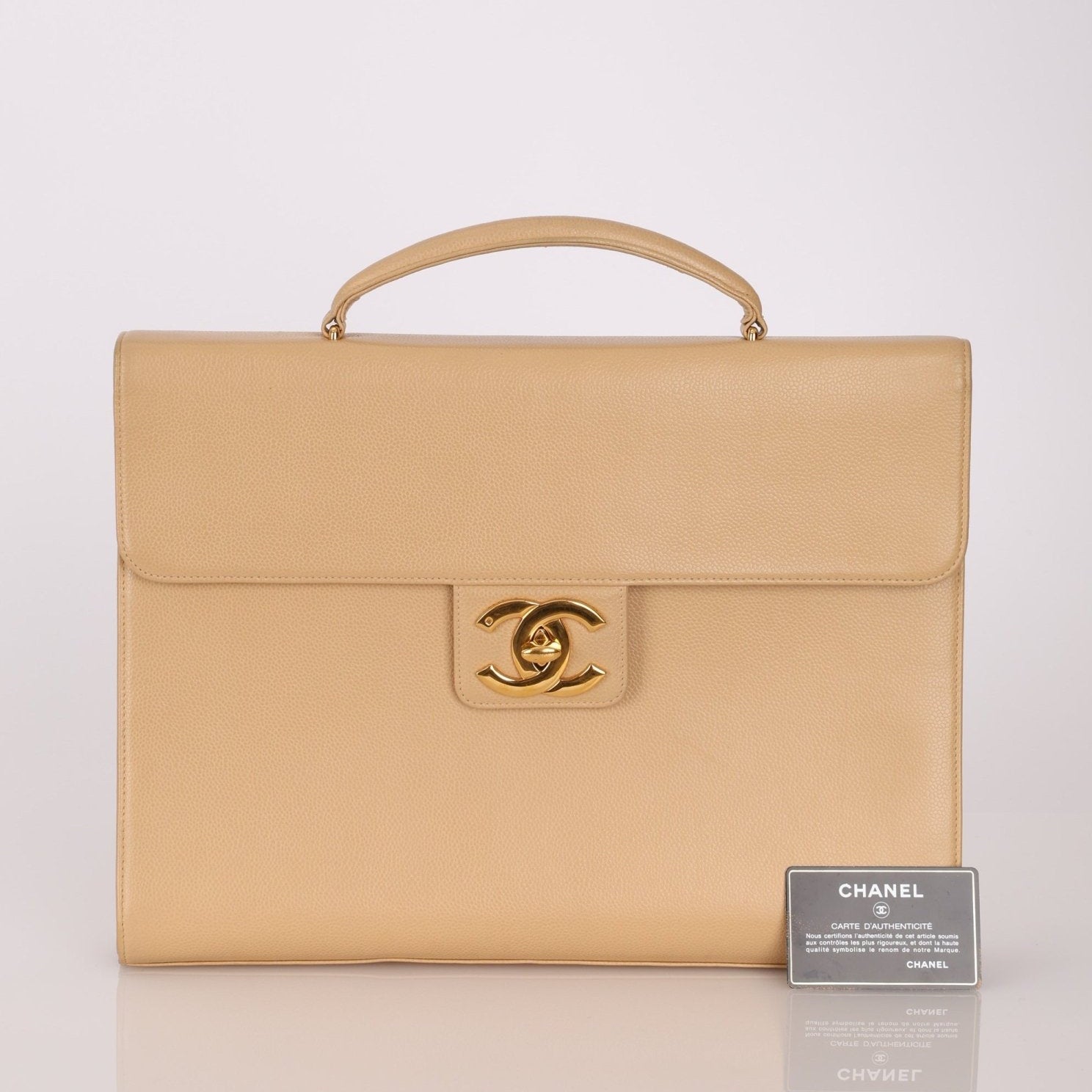 Chanel 1997 Beige Caviar XL Turnlock Briefcase - FashioNica