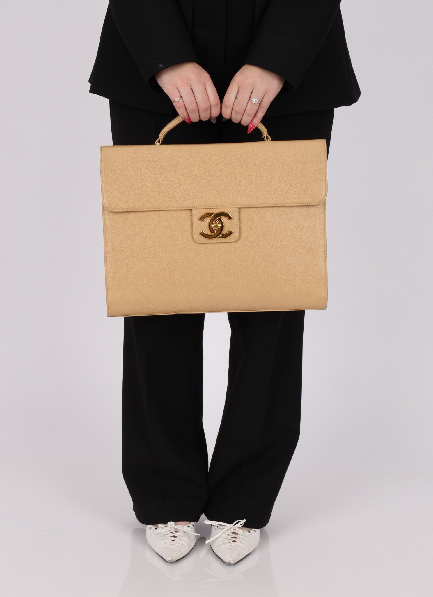 Chanel 1997 Beige Caviar XL Turnlock Briefcase - FashioNica