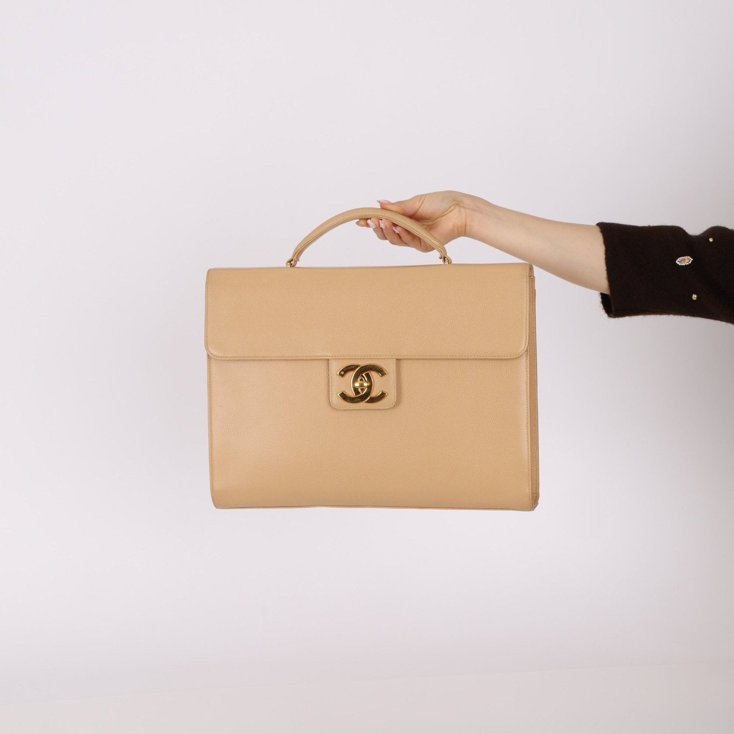 Chanel 1997 Beige Caviar XL Turnlock Briefcase - FashioNica