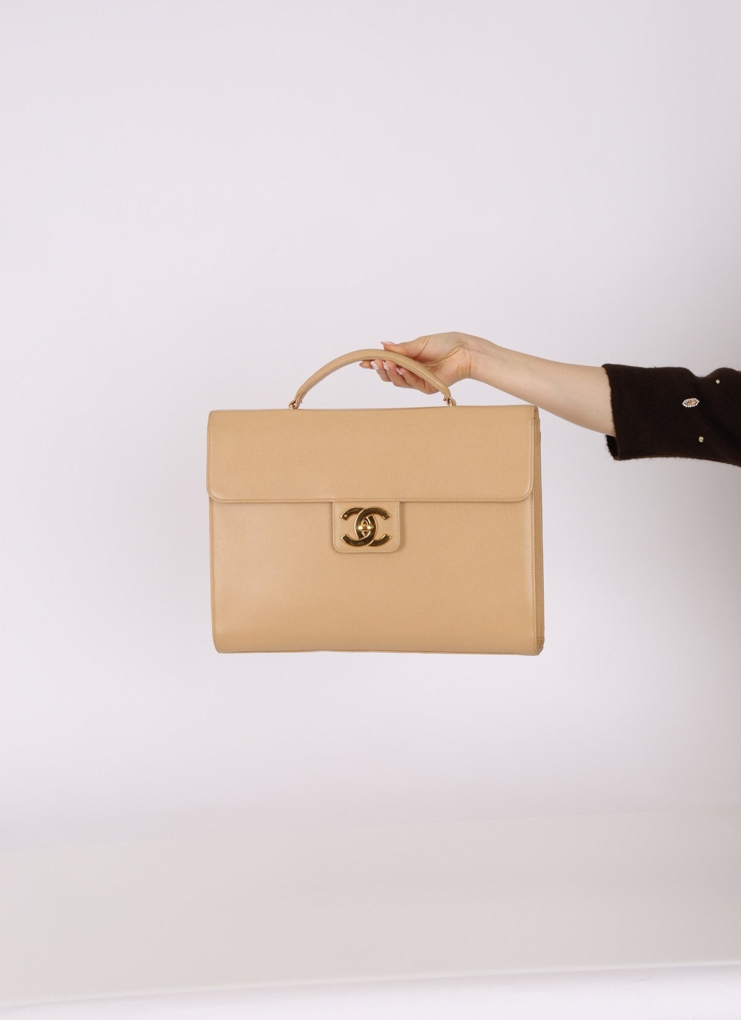 Chanel 1997 Beige Caviar XL Turnlock Briefcase - FashioNica