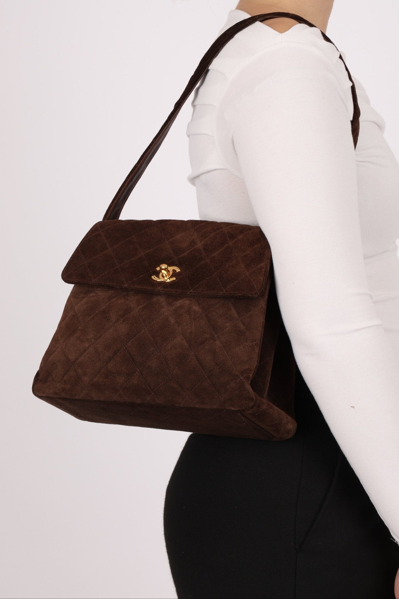 Chanel 1997 Brown Suede Turnlock Shoulder Bag 24k GP - FashioNica