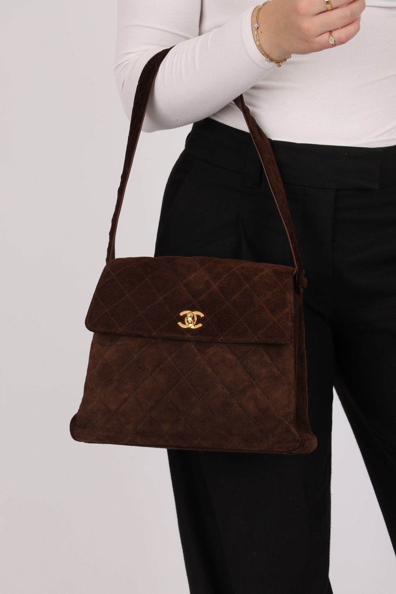 Chanel 1997 Brown Suede Turnlock Shoulder Bag 24k GP - FashioNica