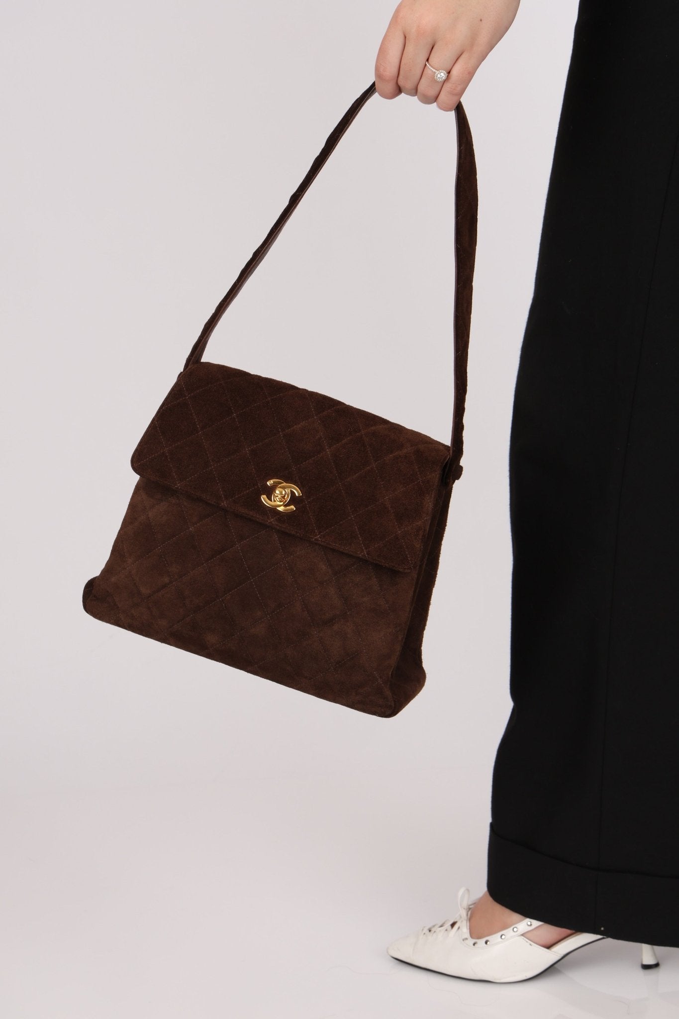 Chanel 1997 Brown Suede Turnlock Shoulder Bag 24k GP - FashioNica