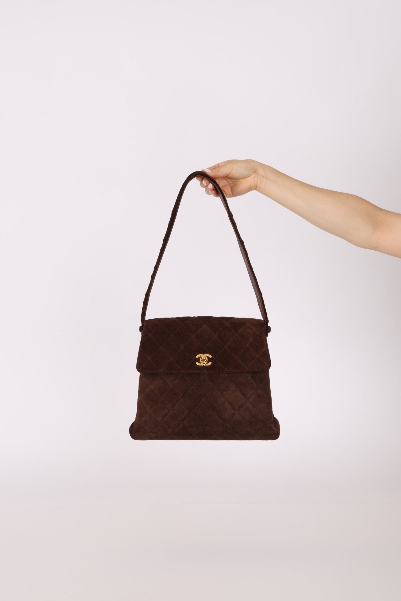 Chanel 1997 Brown Suede Turnlock Shoulder Bag 24k GP - FashioNica