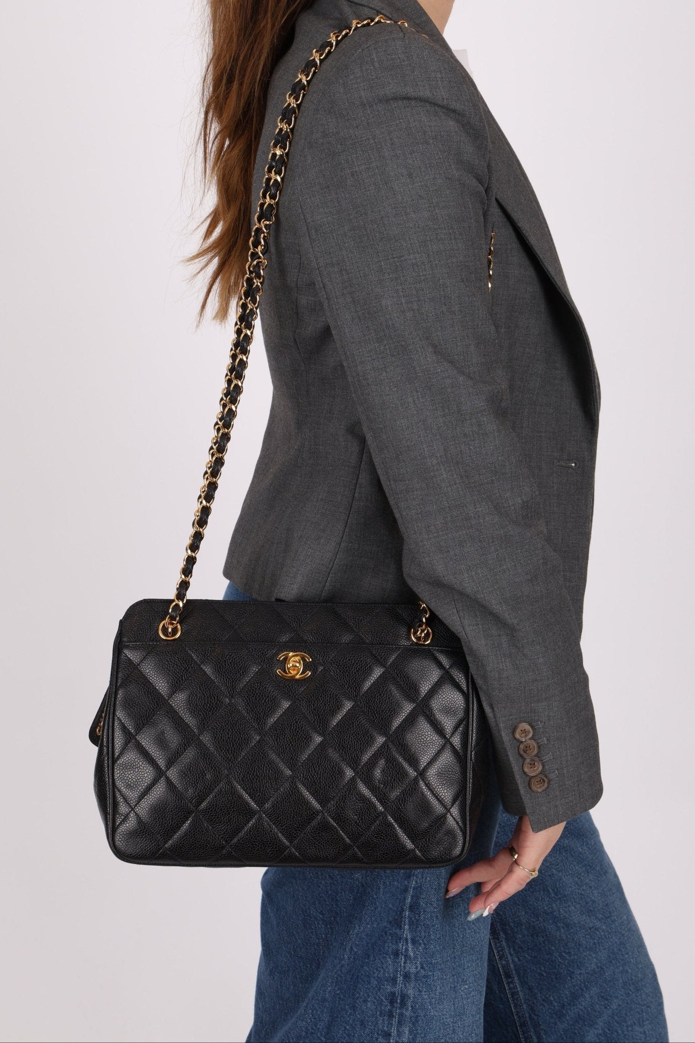 Chanel 1997 Caviar Camera Bag Turnlock Chain Tote 24K GP - FashioNica