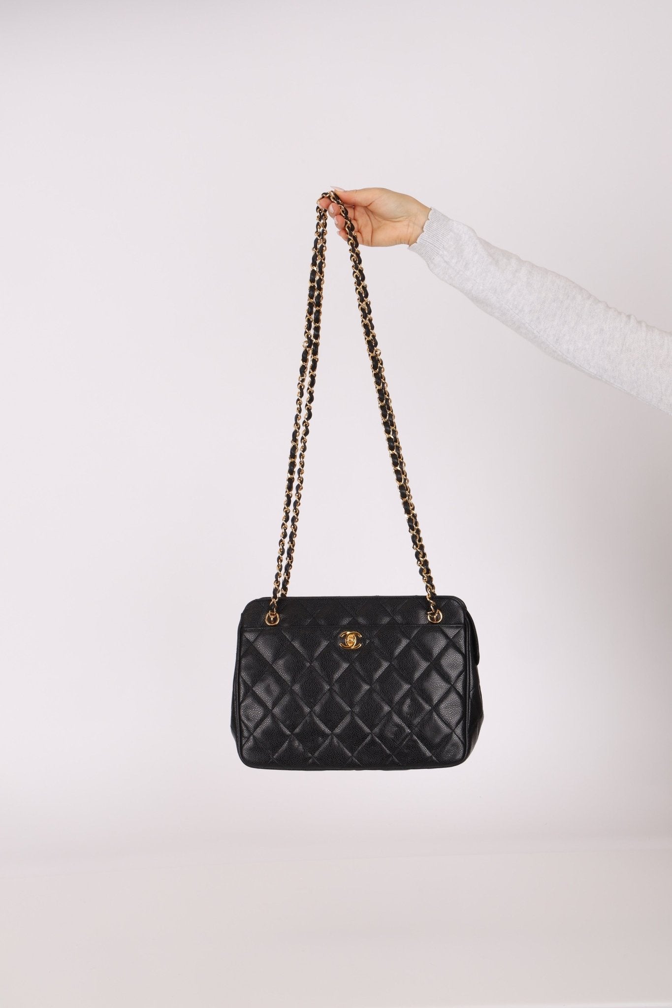 Chanel 1997 Caviar Camera Bag Turnlock Chain Tote 24K GP - FashioNica