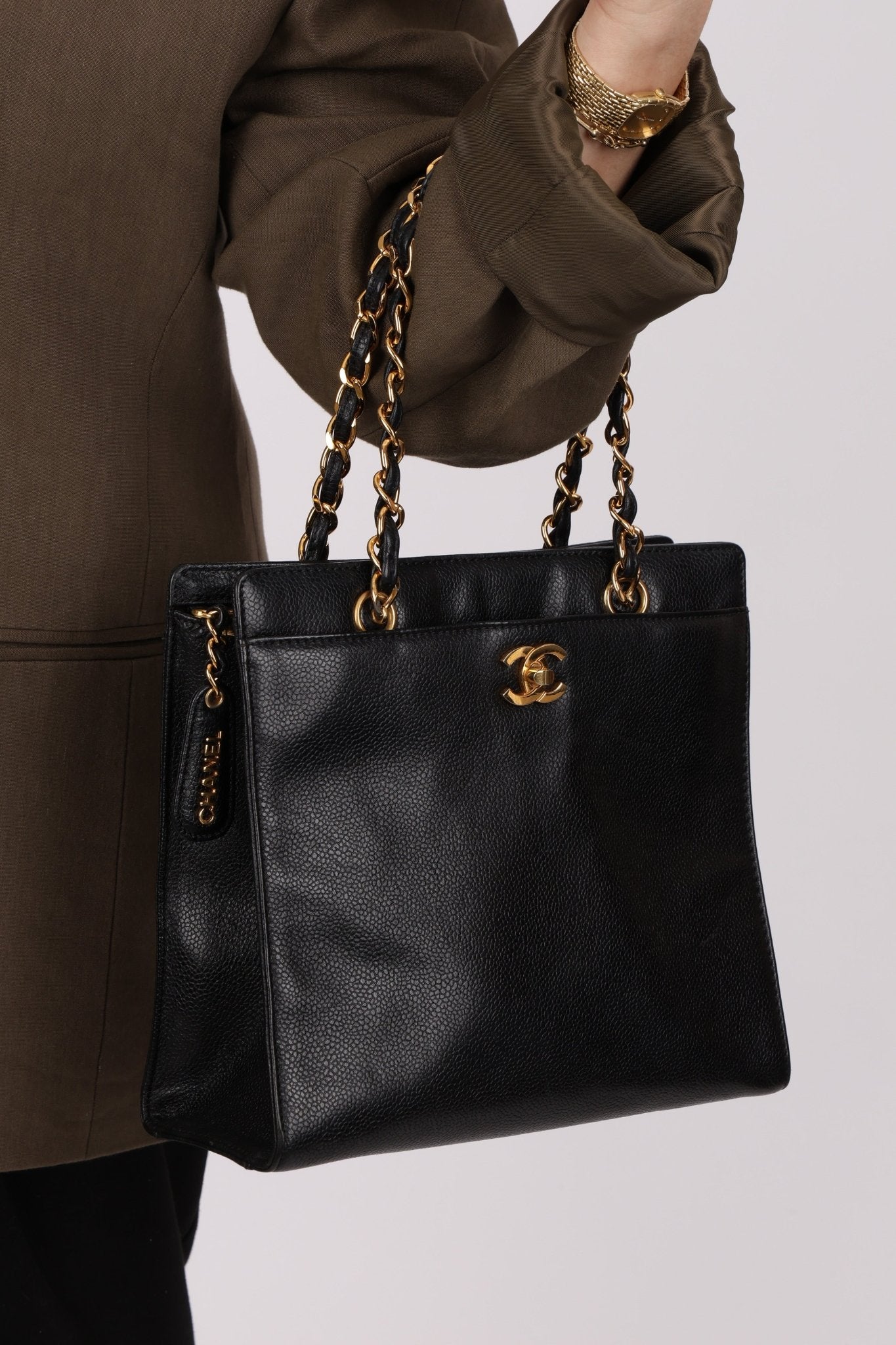 Chanel 1997 Caviar Turnlock North South Tote Bag 24k GP - FashioNica