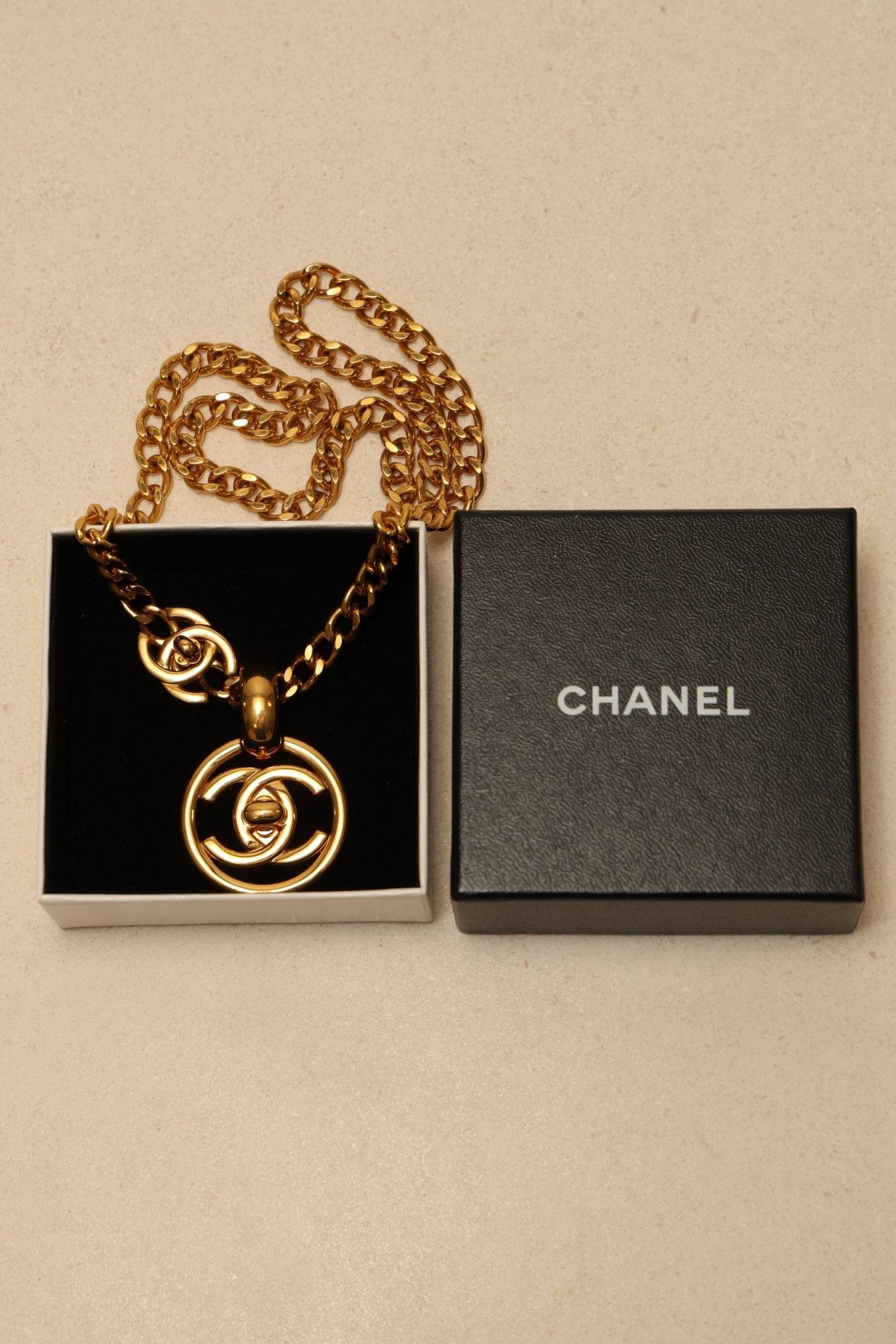 Chanel 1997 CC Turnlock Round Pendant Necklace 24K GP - FashioNica