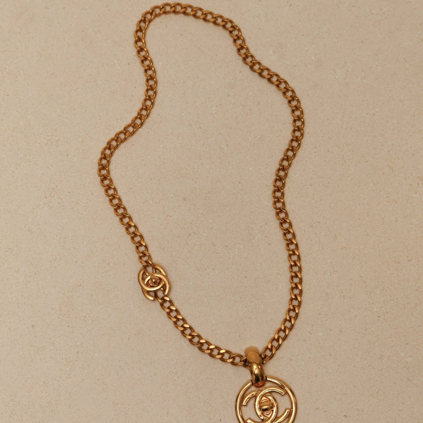Chanel 1997 CC Turnlock Round Pendant Necklace 24K GP - FashioNica