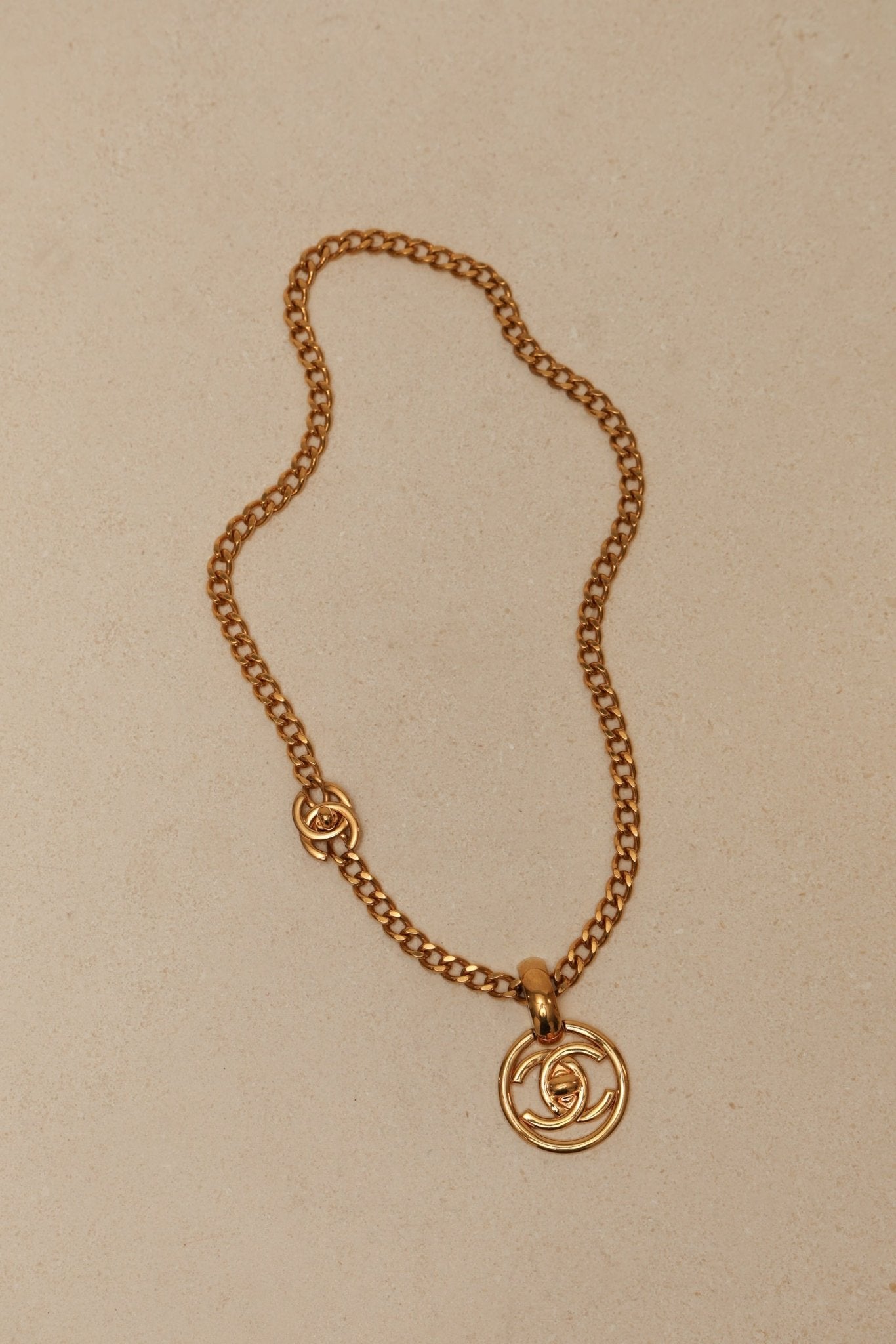 Chanel 1997 CC Turnlock Round Pendant Necklace 24K GP - FashioNica