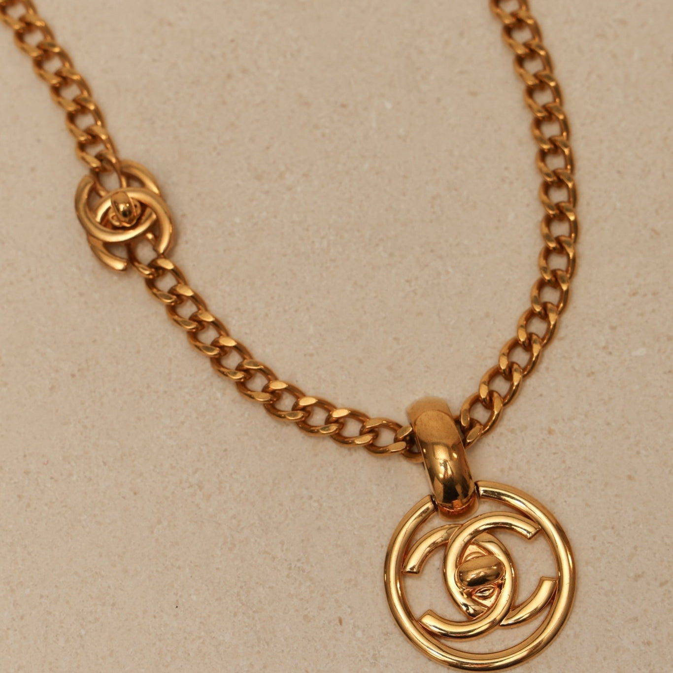 Chanel 1997 CC Turnlock Round Pendant Necklace 24K GP - FashioNica