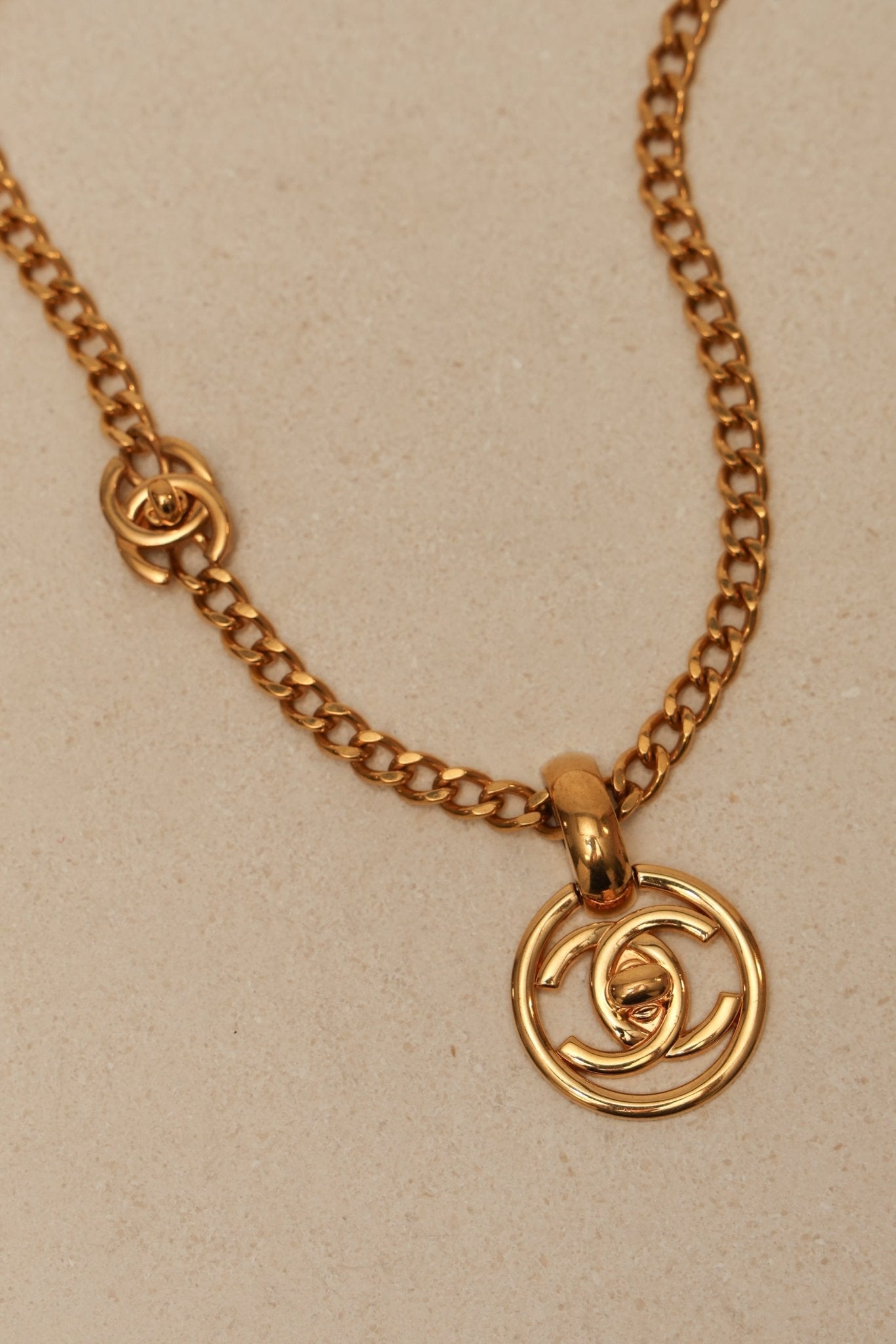 Chanel 1997 CC Turnlock Round Pendant Necklace 24K GP - FashioNica