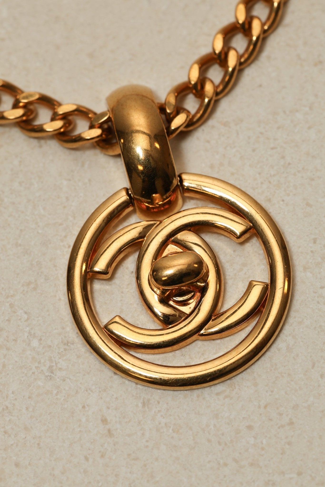 Chanel 1997 CC Turnlock Round Pendant Necklace 24K GP - FashioNica