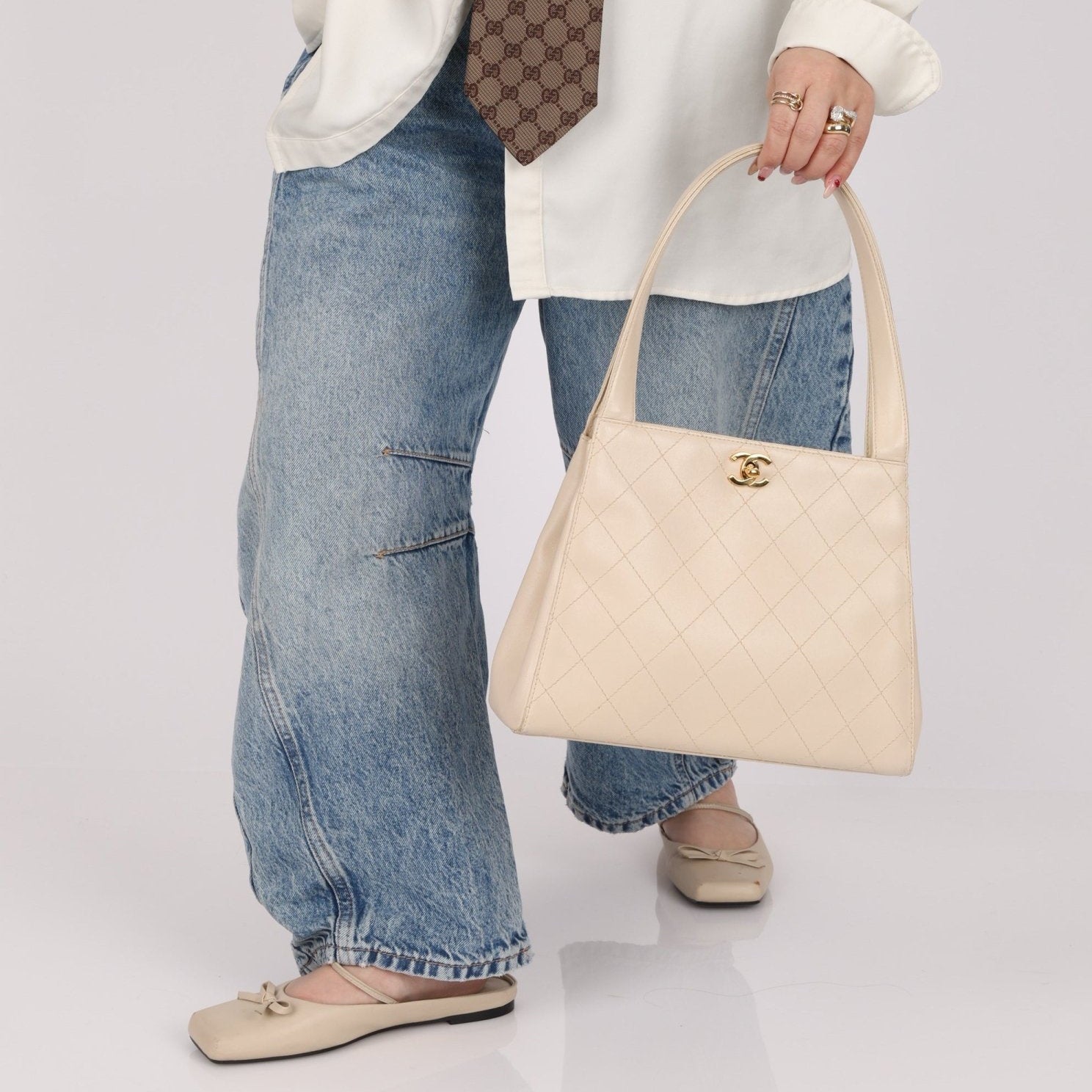 Chanel 1997 Cream Lambskin Kelly Shoulder Bag 24K GP - FashioNica