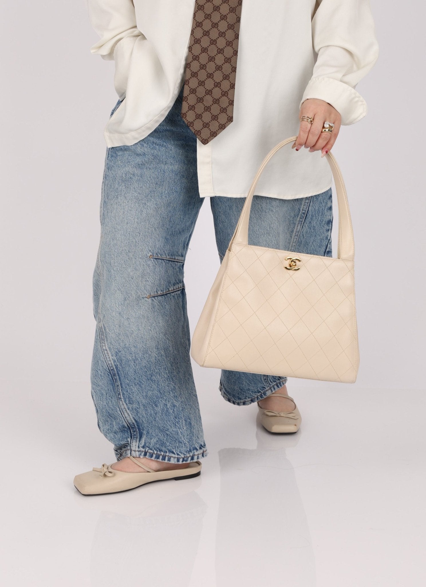 Chanel 1997 Cream Lambskin Kelly Shoulder Bag 24K GP - FashioNica