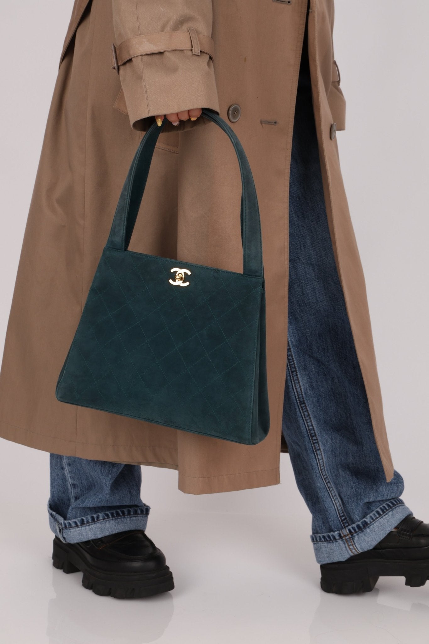 Chanel 1997 Emerald Suede Turnlock Kelly Shoulder Bag 24K GP - FashioNica