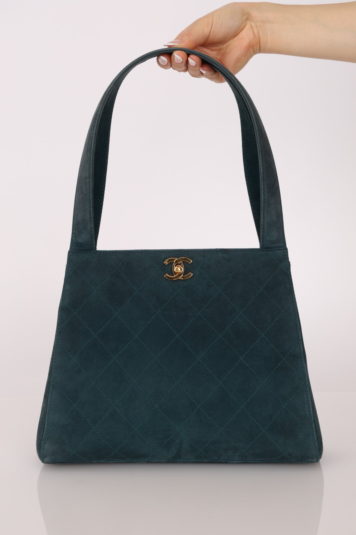 Chanel 1997 Emerald Suede Turnlock Kelly Shoulder Bag 24K GP - FashioNica