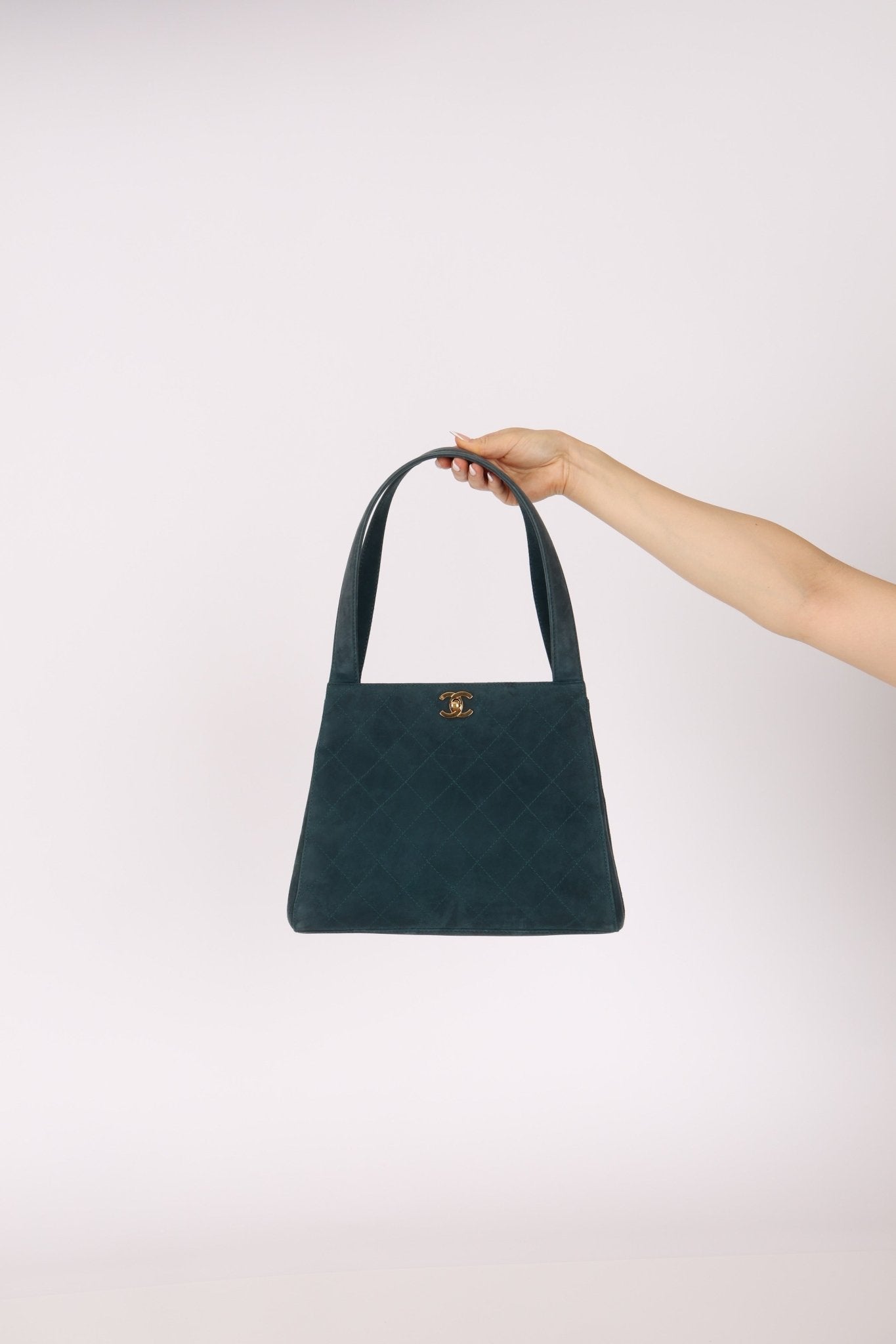 Chanel 1997 Emerald Suede Turnlock Kelly Shoulder Bag 24K GP - FashioNica