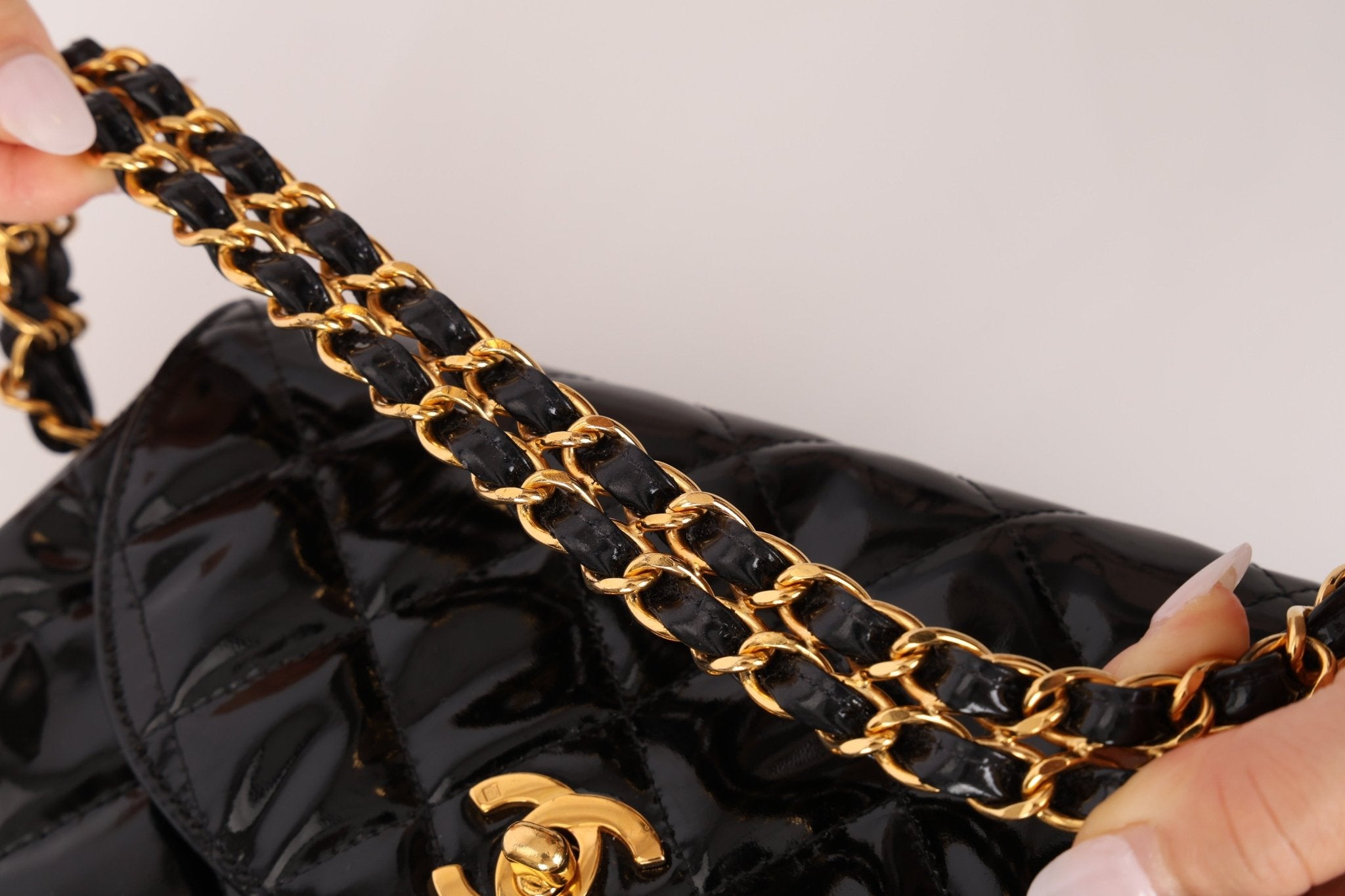 Chanel 1997 Mini Patent Quilted Chain Handle Bag 24K GP - FashioNica