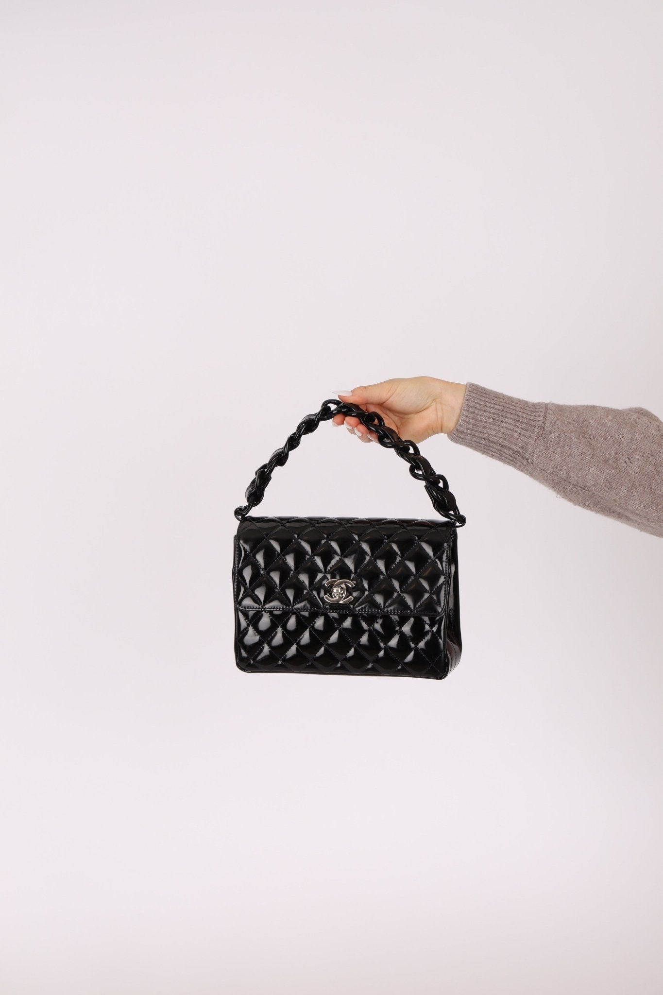 Chanel 1997 So Black Lucite Chain Handle Patent Flap Bag - FashioNica