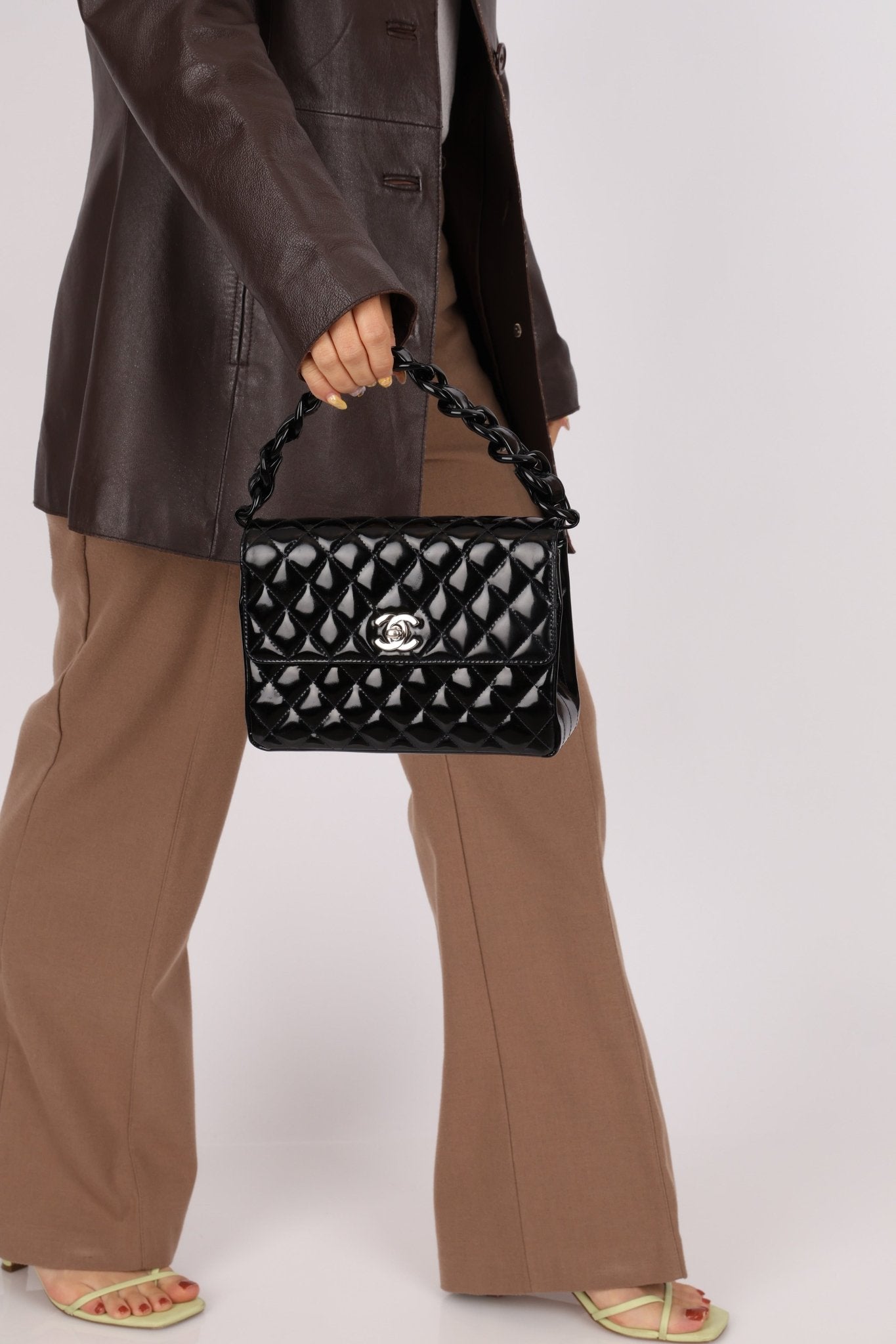 Chanel 1997 So Black Lucite Chain Handle Patent Flap Bag - FashioNica