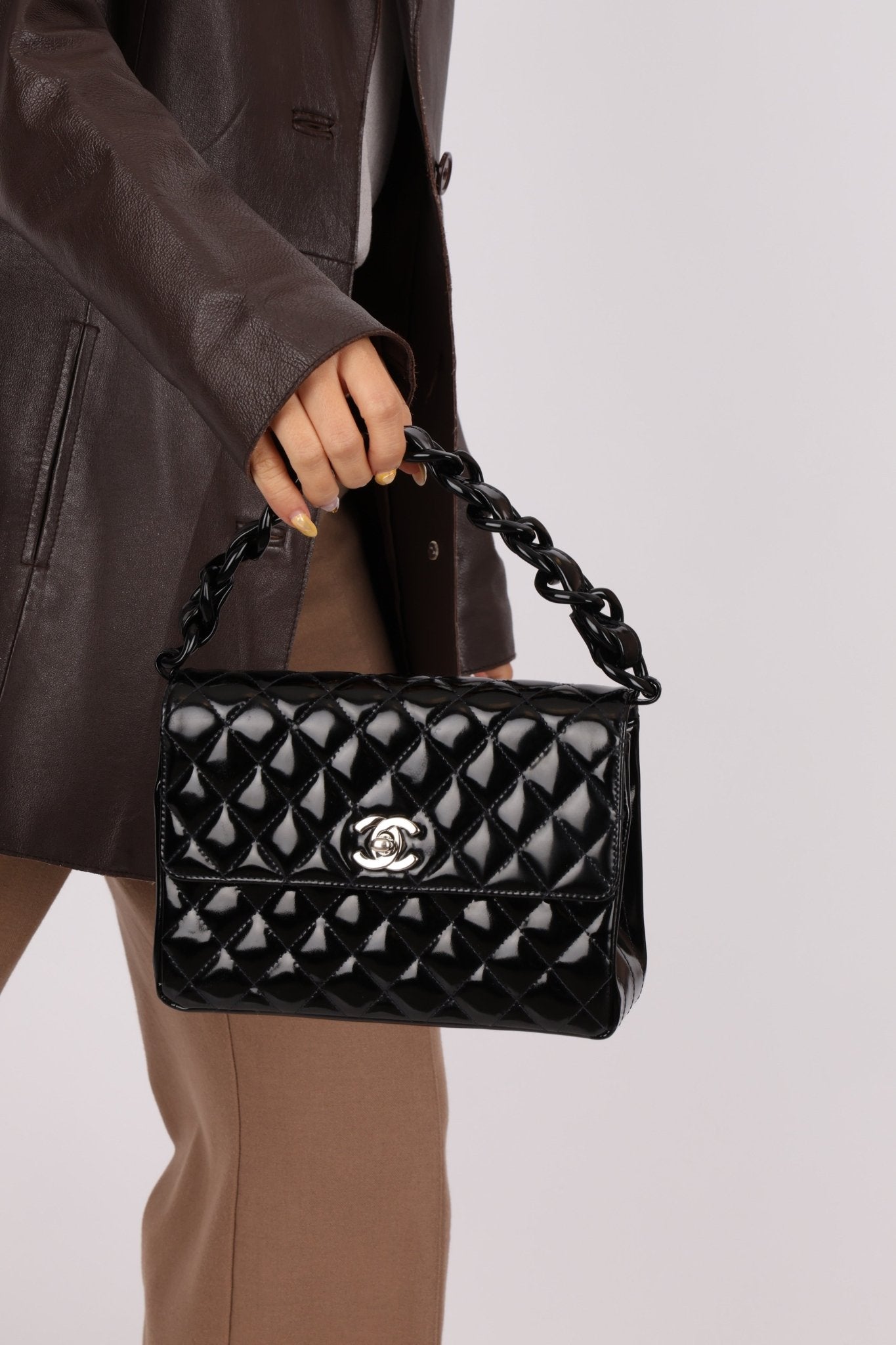 Chanel 1997 So Black Lucite Chain Handle Patent Flap Bag - FashioNica