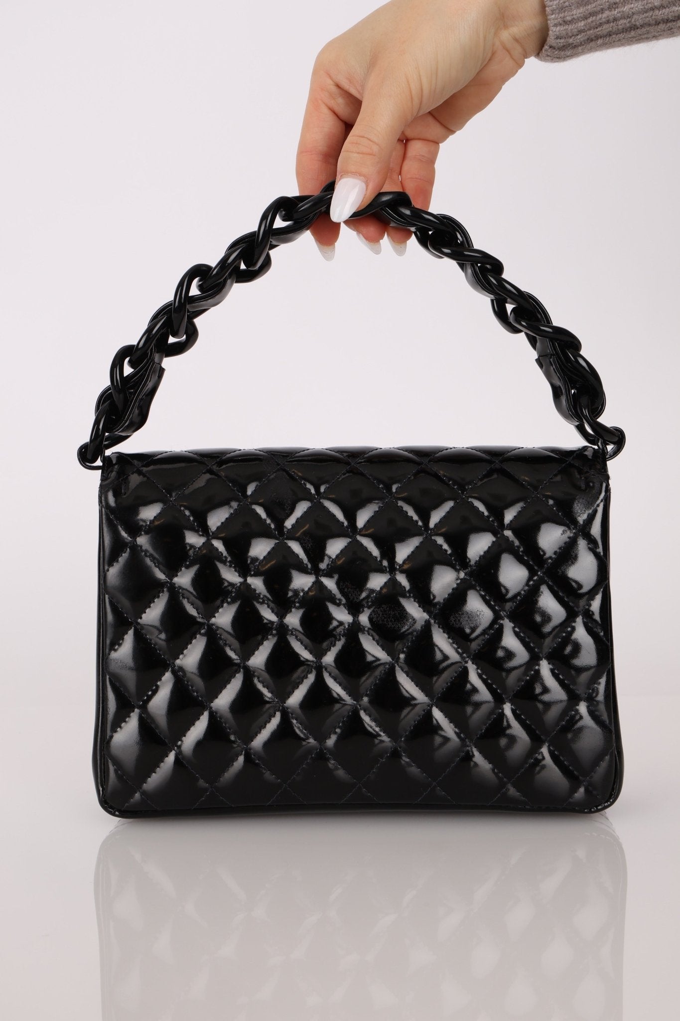 Chanel 1997 So Black Lucite Chain Handle Patent Flap Bag - FashioNica