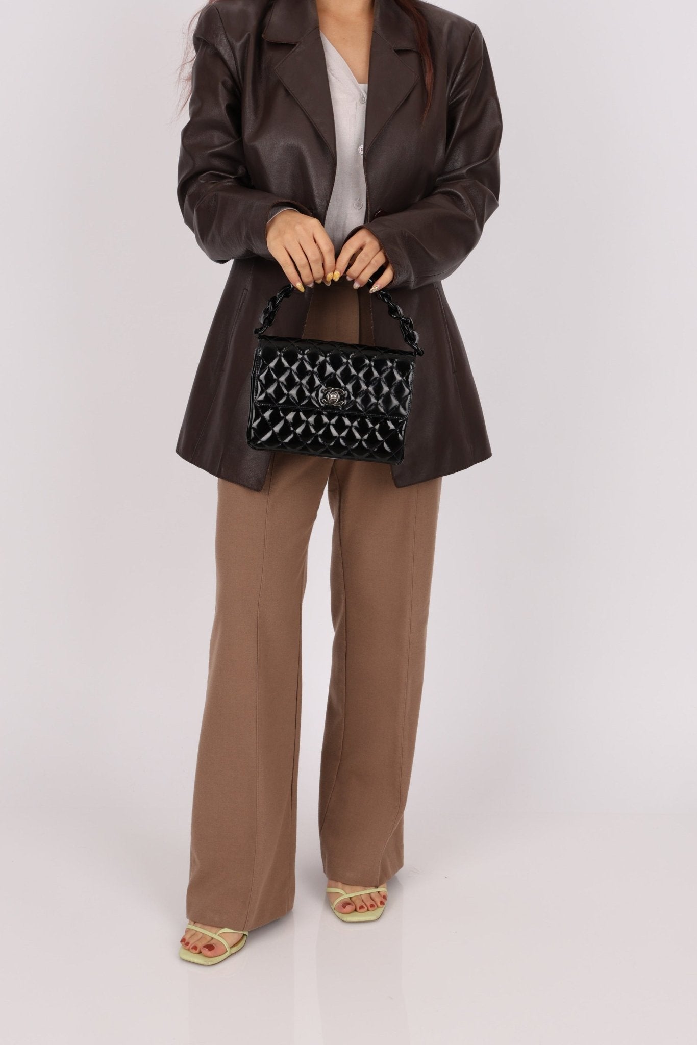 Chanel 1997 So Black Lucite Chain Handle Patent Flap Bag - FashioNica