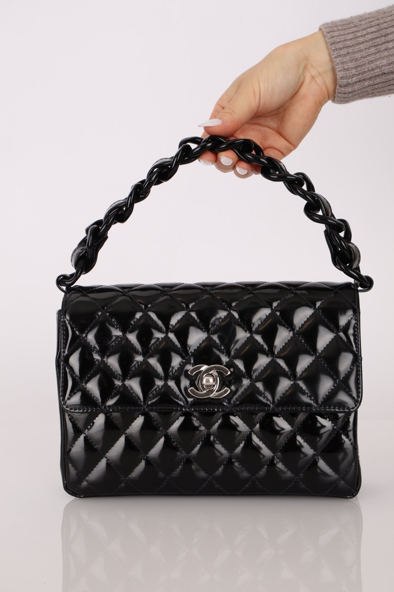 Chanel 1997 So Black Lucite Chain Handle Patent Flap Bag - FashioNica