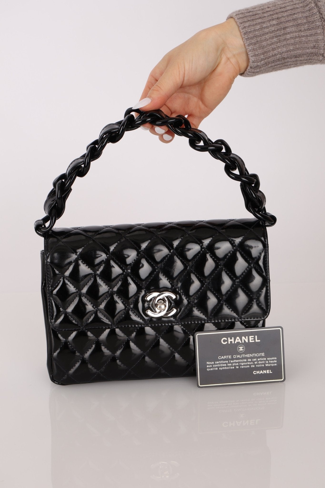 Chanel 1997 So Black Lucite Chain Handle Patent Flap Bag - FashioNica