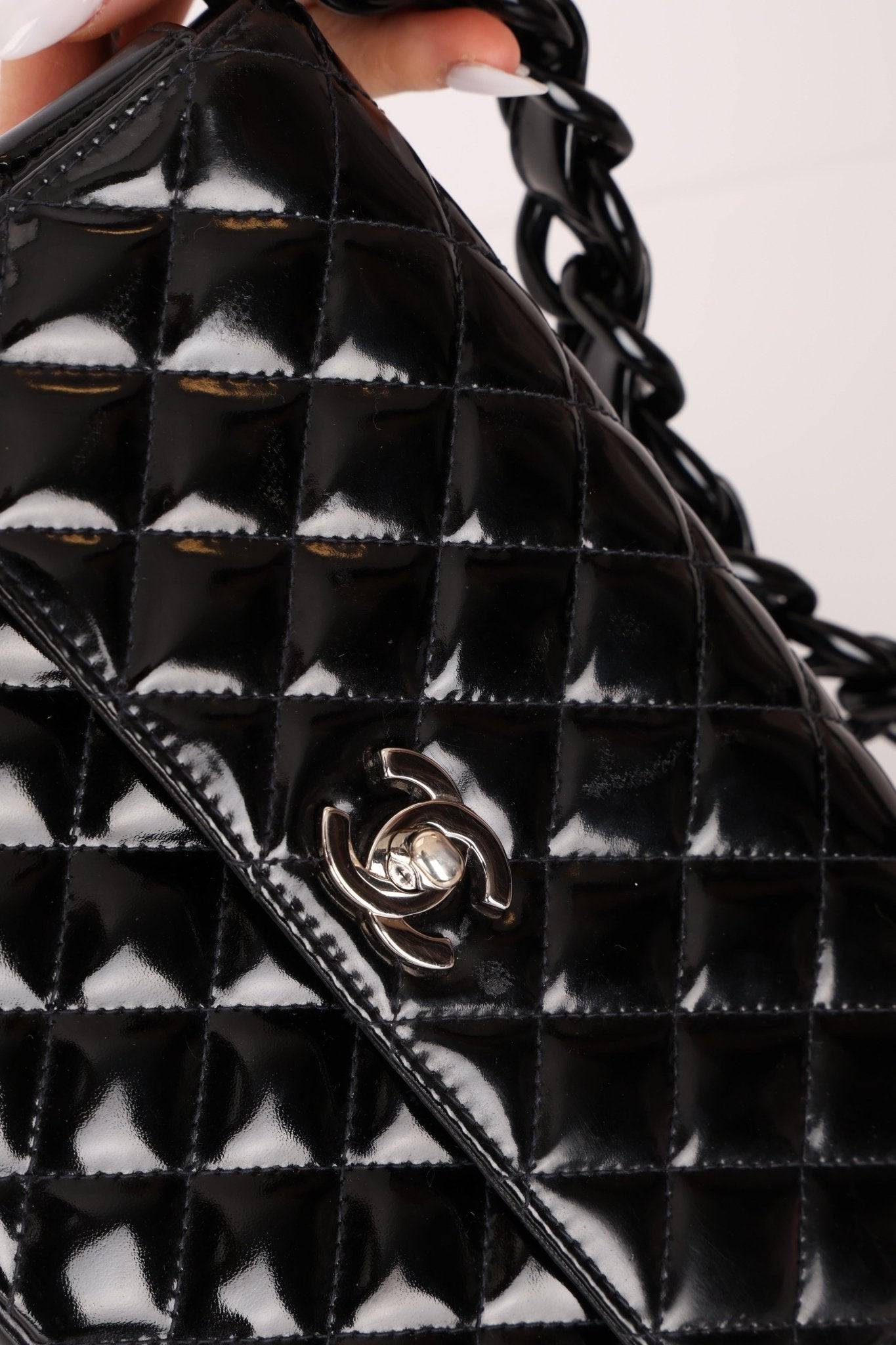 Chanel 1997 So Black Lucite Chain Handle Patent Flap Bag - FashioNica