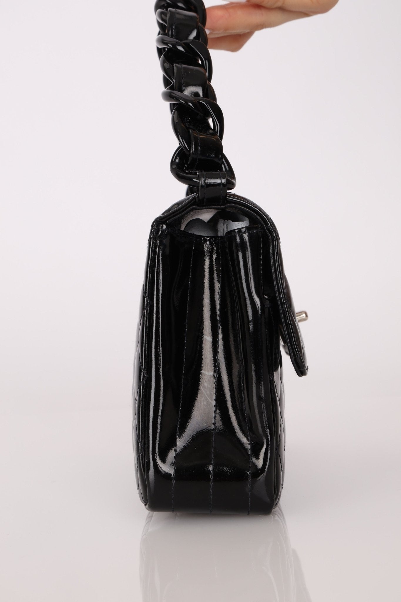 Chanel 1997 So Black Lucite Chain Handle Patent Flap Bag - FashioNica