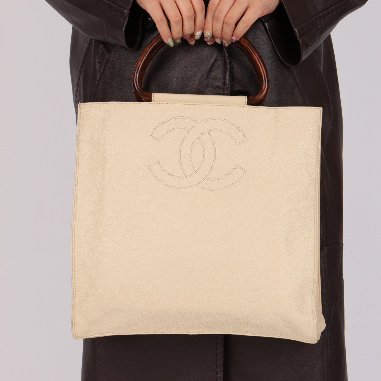 Chanel 1997 Vanilla Caviar Acrylic Wood Tote - FashioNica