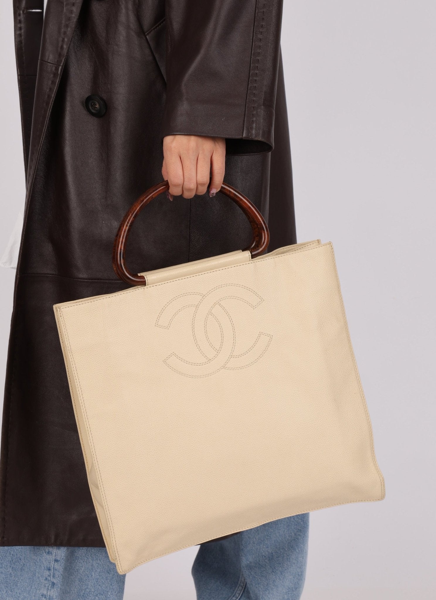 Chanel 1997 Vanilla Caviar Acrylic Wood Tote - FashioNica