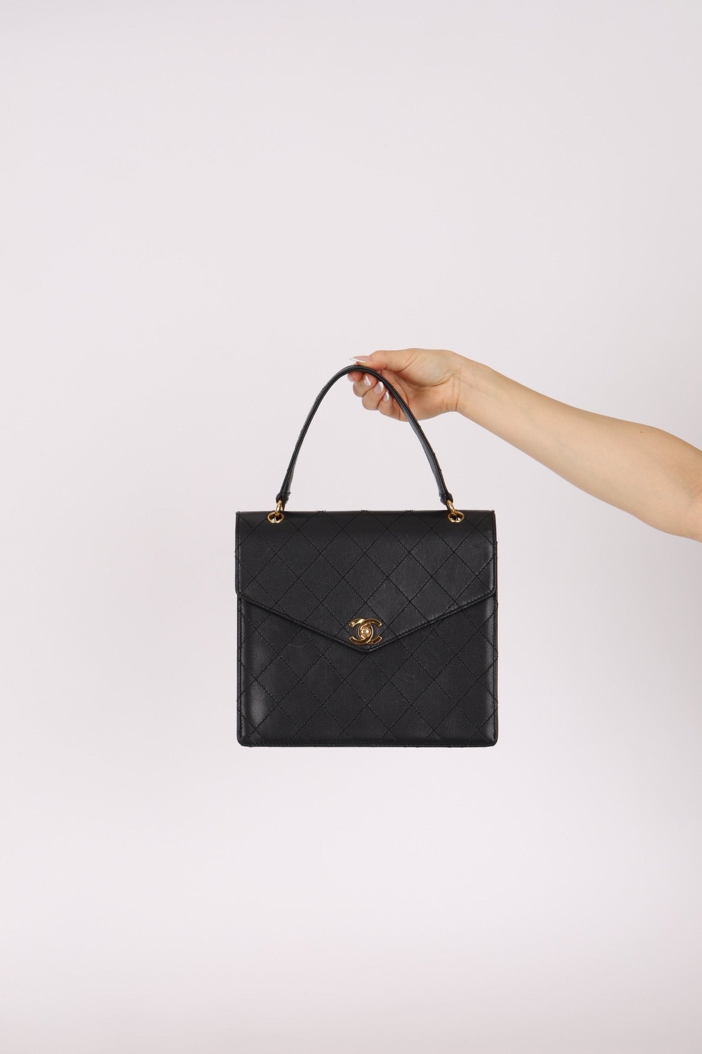 Chanel 1998 Caviar Turnlock Kelly Envelope Top Handle 24K GP - FashioNica