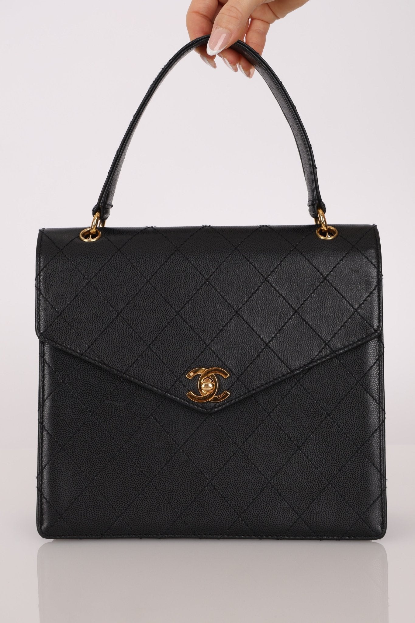 Chanel 1998 Caviar Turnlock Kelly Envelope Top Handle 24K GP - FashioNica