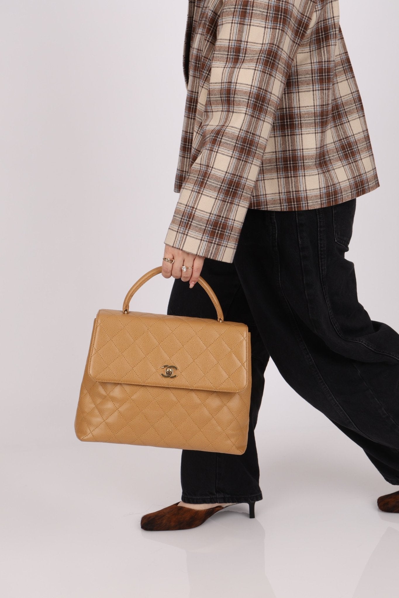 Chanel 2000 Beige Caviar Kelly Top Handle 24K GP - FashioNica