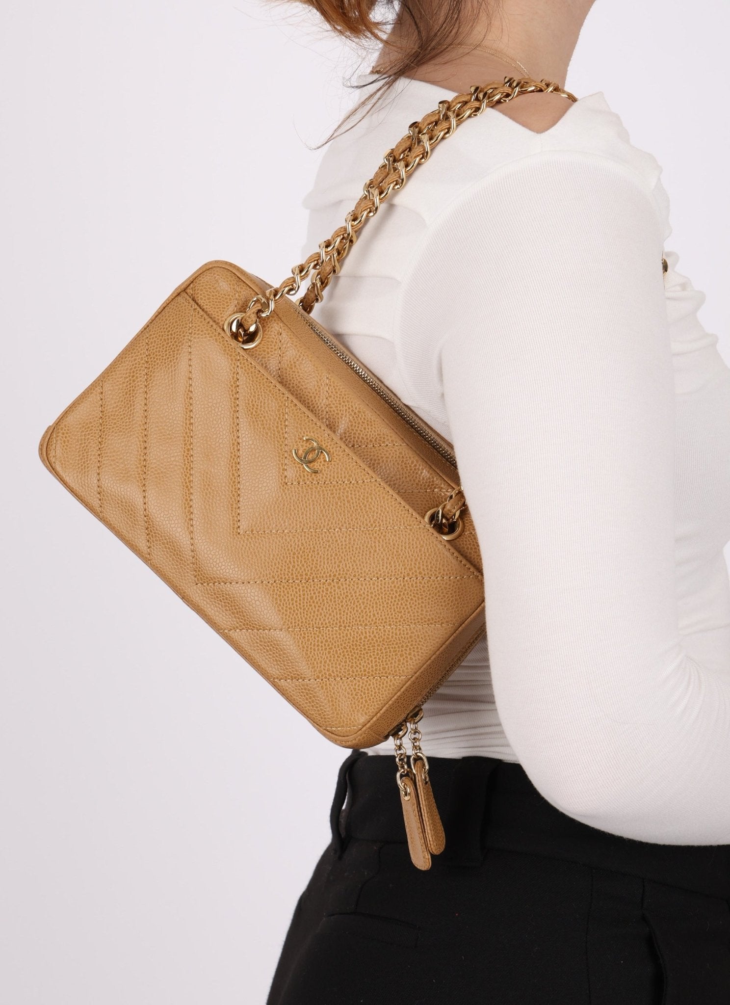 Chanel 2000 Caviar Chevron Zip Camera Bag Tote - FashioNica