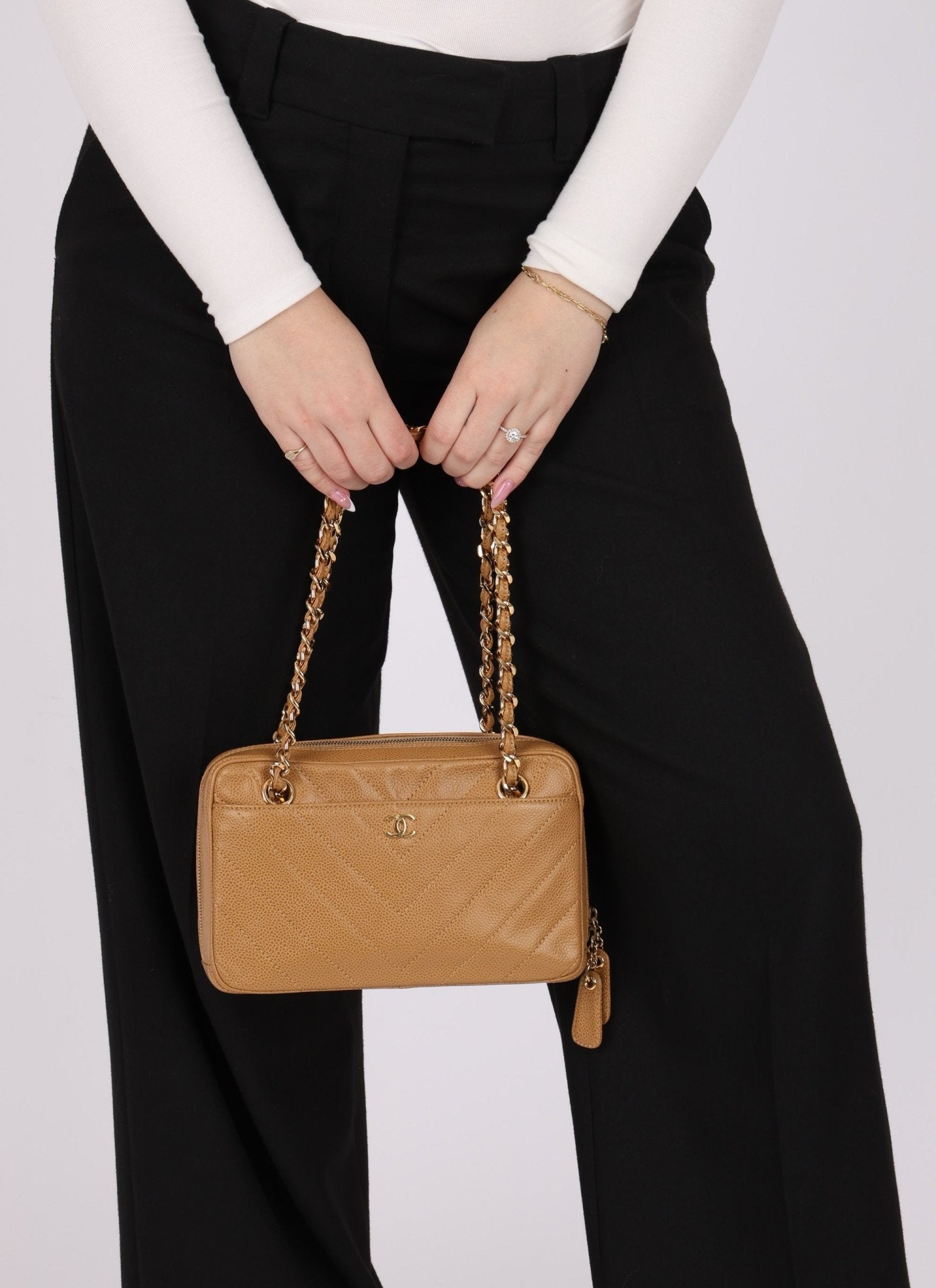 Chanel 2000 Caviar Chevron Zip Camera Bag Tote - FashioNica