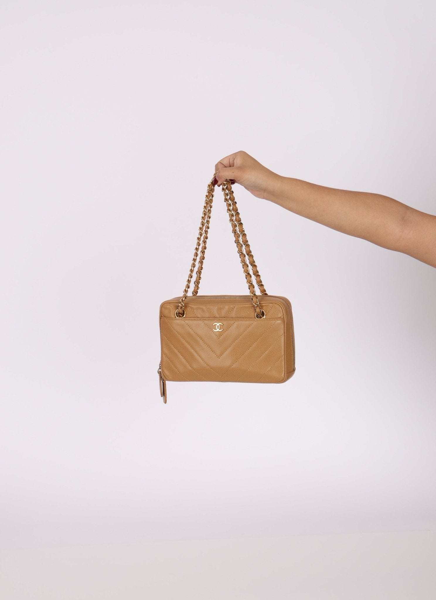 Chanel 2000 Caviar Chevron Zip Camera Bag Tote - FashioNica