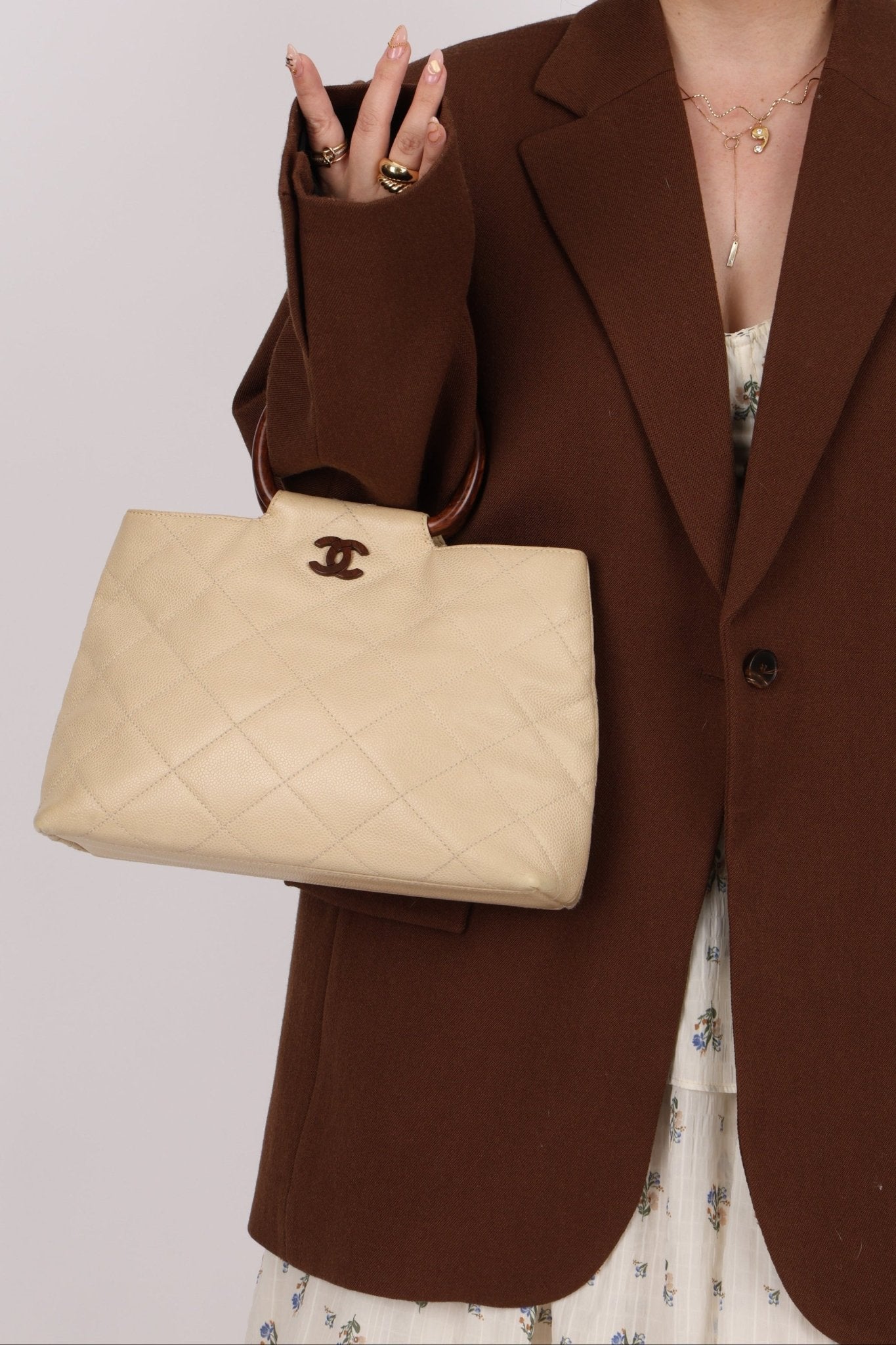 Chanel 2000 Cream Caviar Wood Acrylic Tote - FashioNica