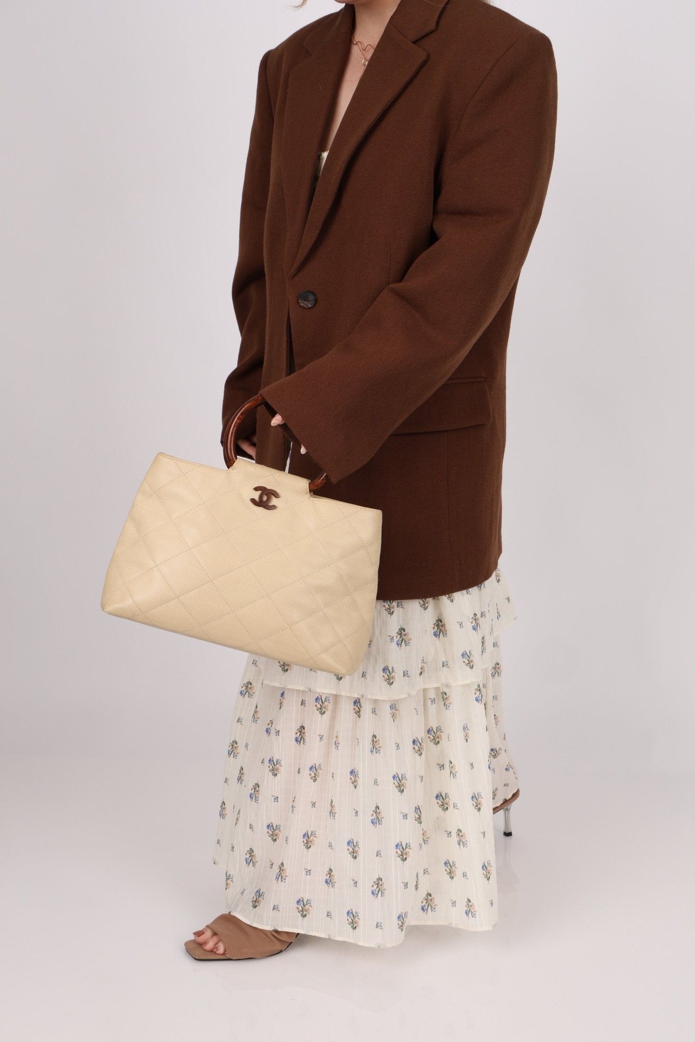 Chanel 2000 Cream Caviar Wood Acrylic Tote - FashioNica