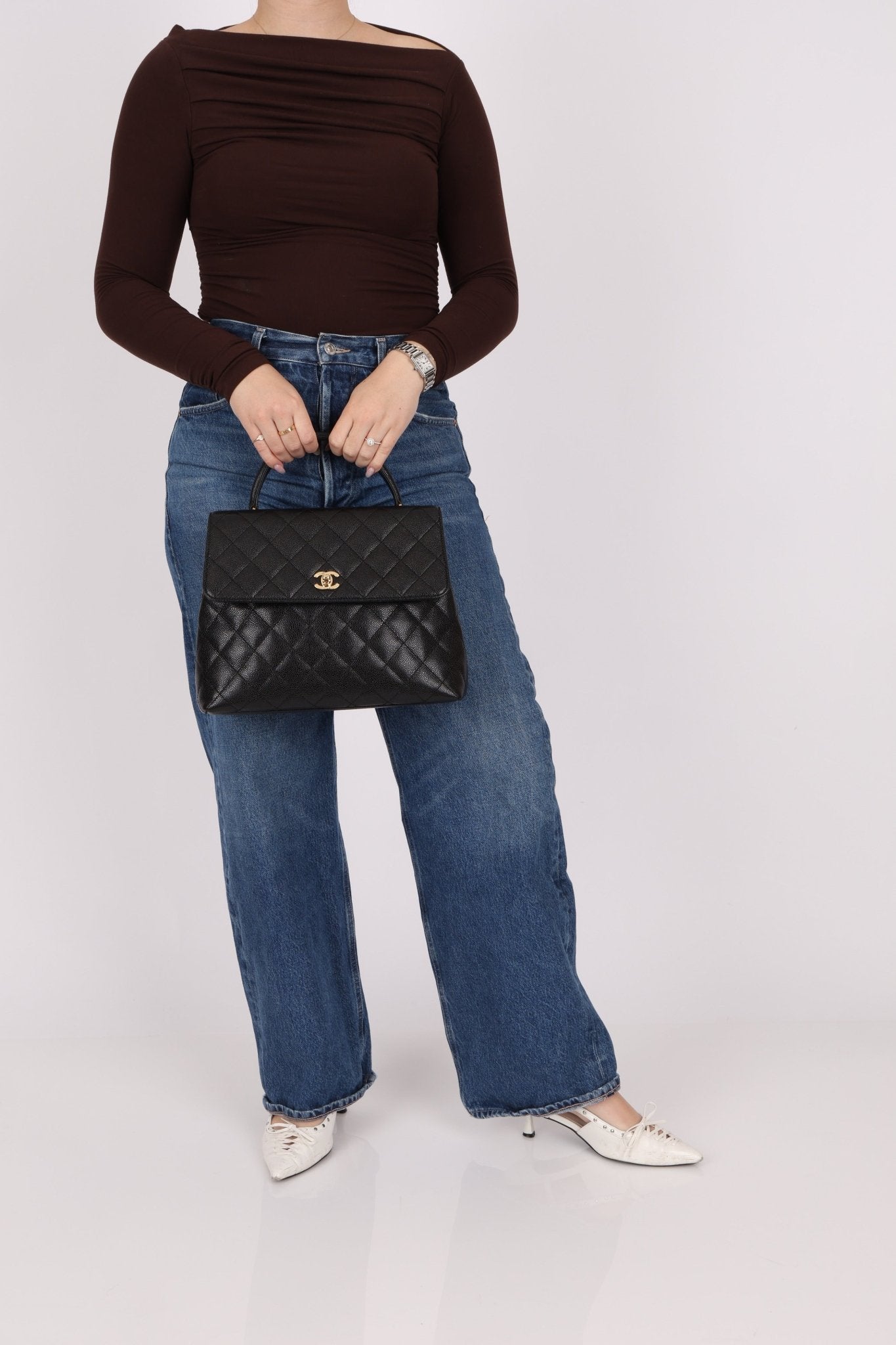 Chanel 2001 Caviar Kelly Turnlock Top Handle 24K GP - FashioNica