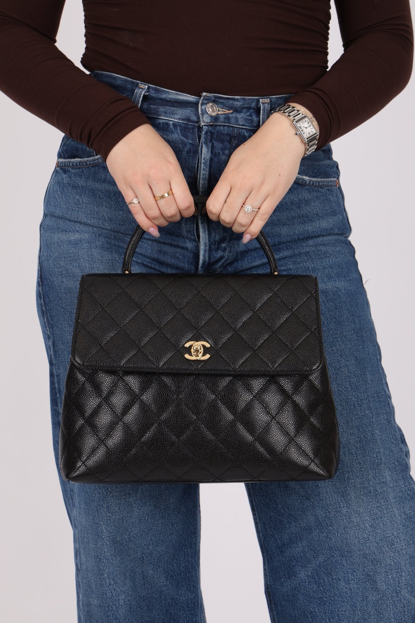 Chanel 2001 Caviar Kelly Turnlock Top Handle 24K GP - FashioNica