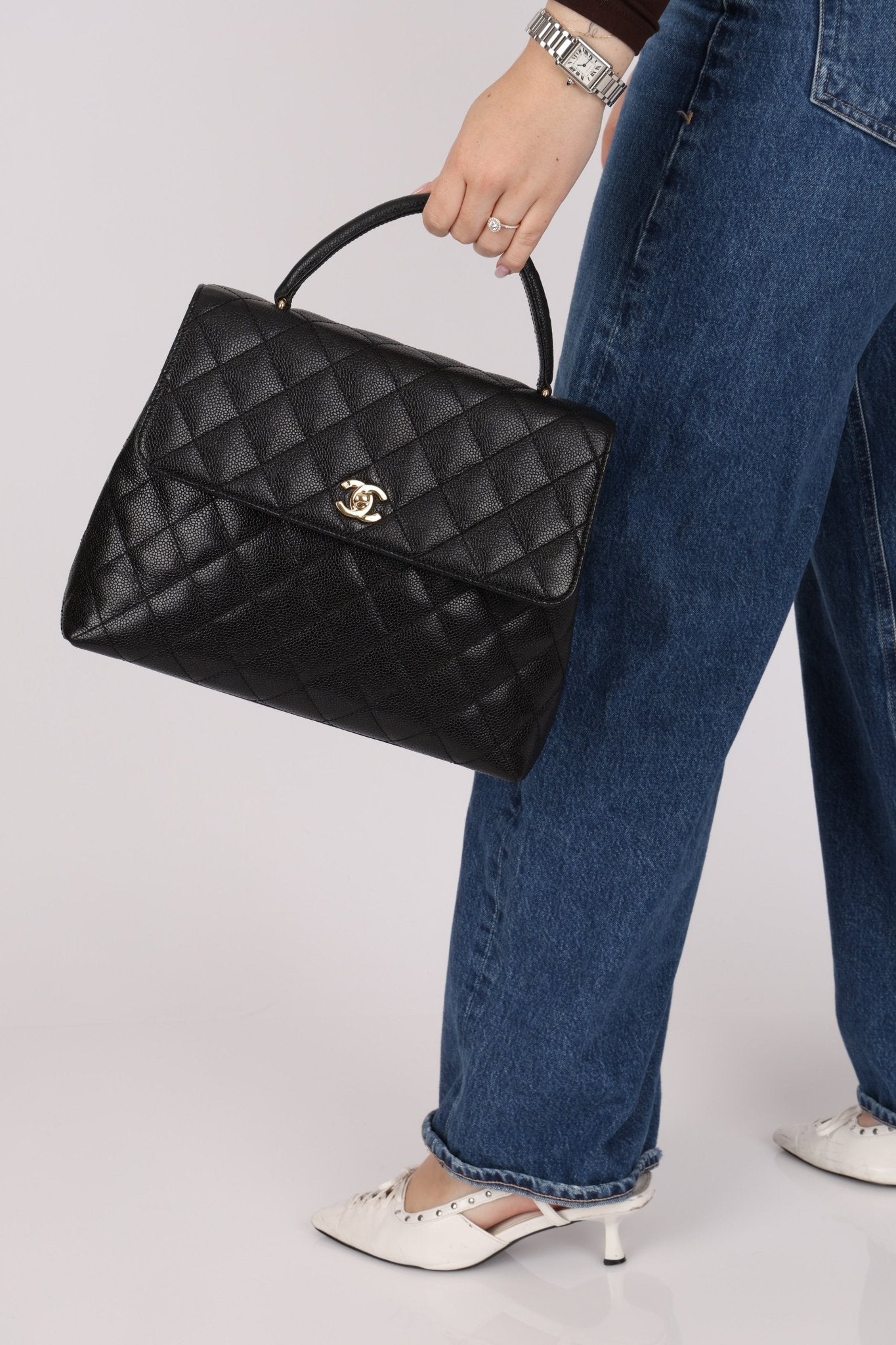 Chanel 2001 Caviar Kelly Turnlock Top Handle 24K GP - FashioNica