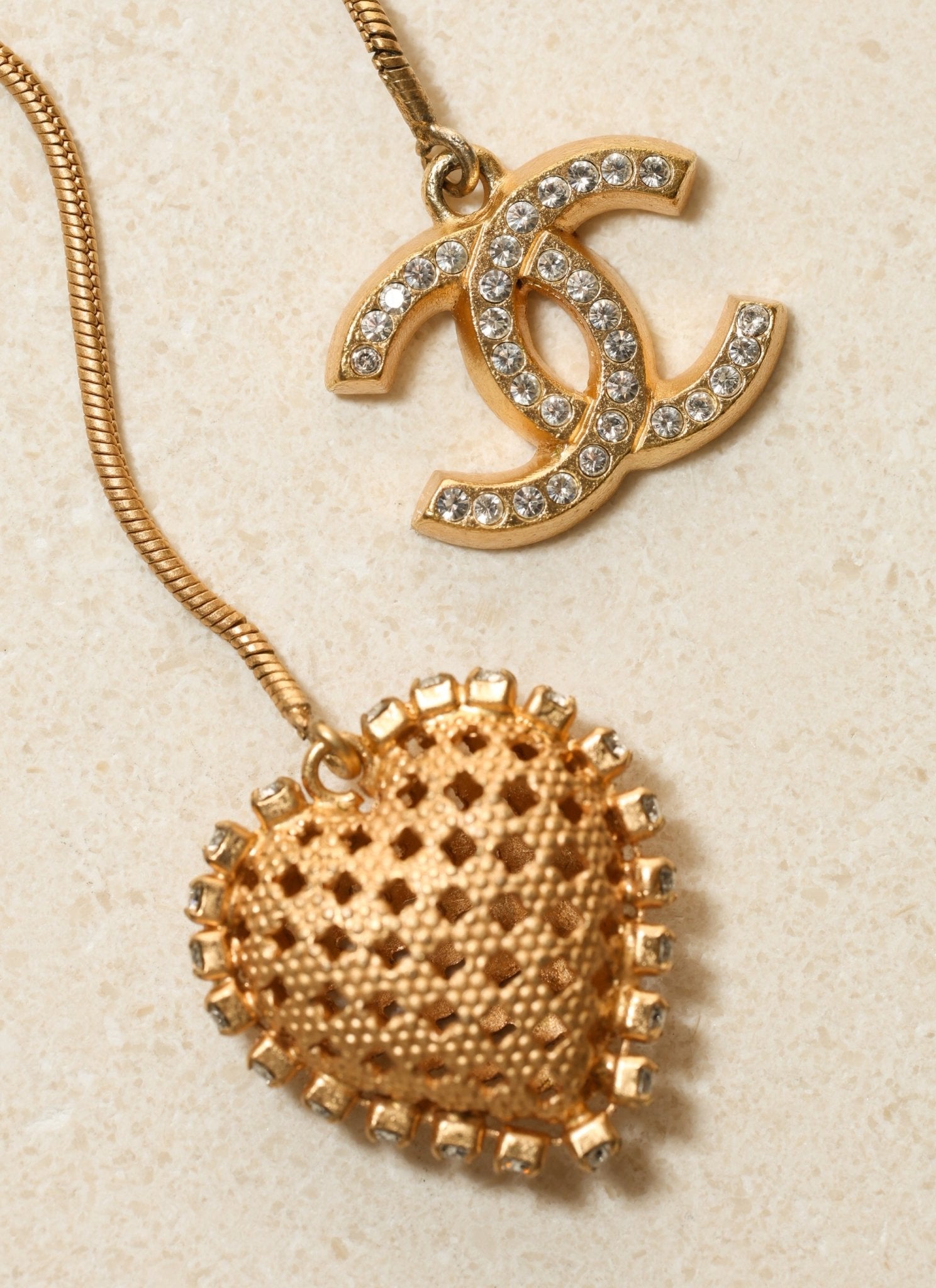 Chanel 2001 Crystal Embellished CC Logo and Heart Lariat Necklace - FashioNica