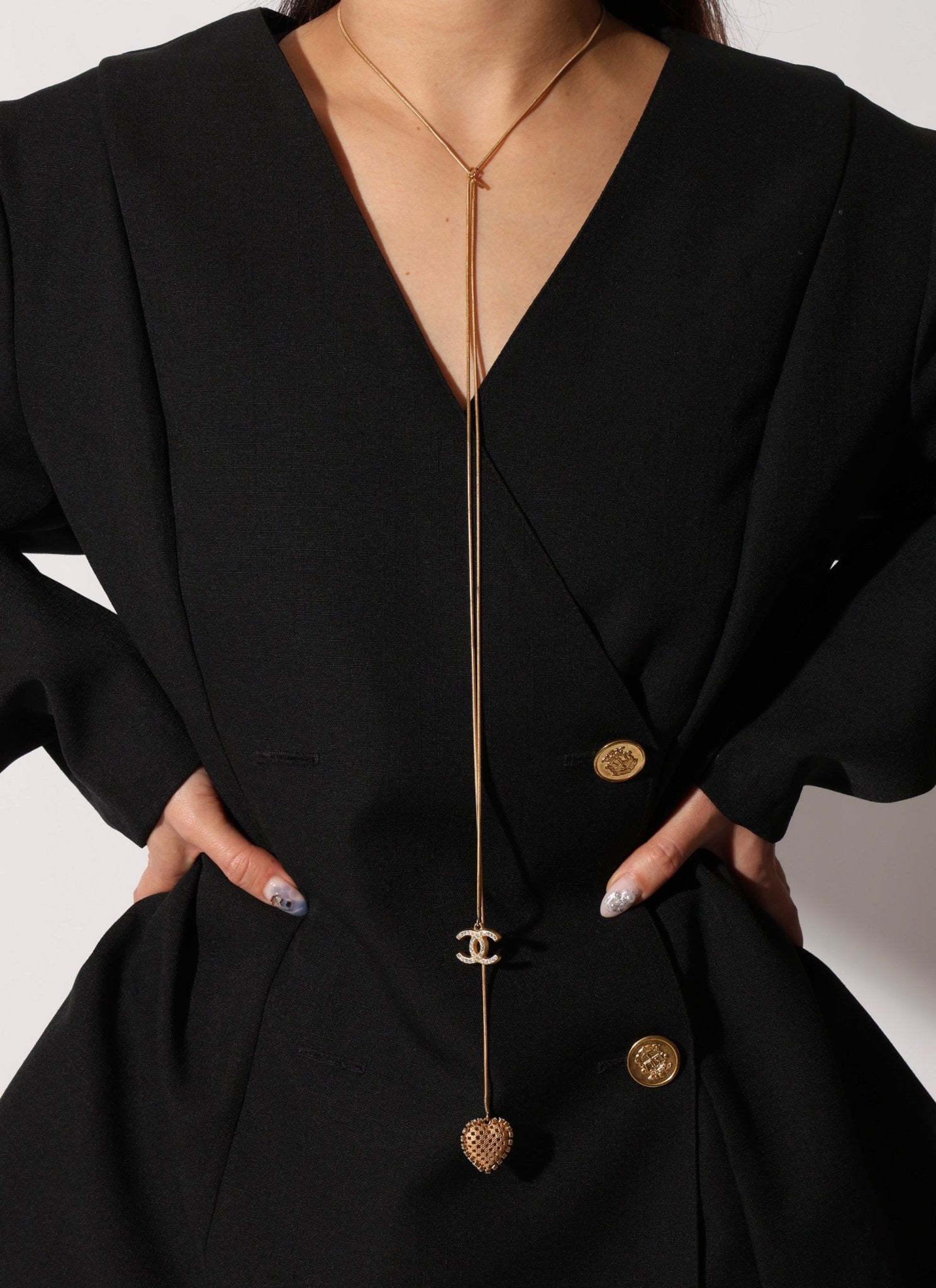 Chanel 2001 Crystal Embellished CC Logo and Heart Lariat Necklace - FashioNica