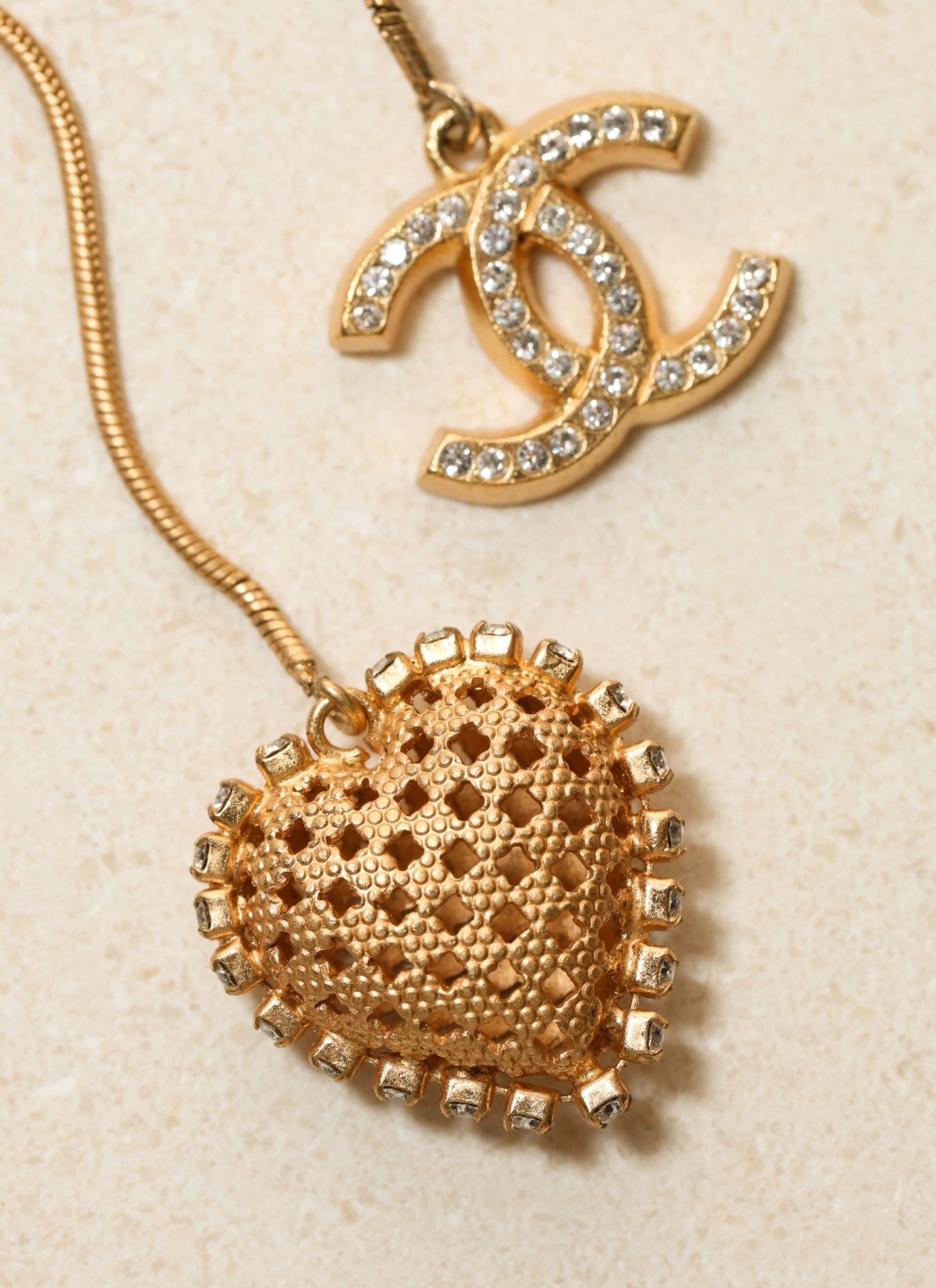 Chanel 2001 Crystal Embellished CC Logo and Heart Lariat Necklace - FashioNica